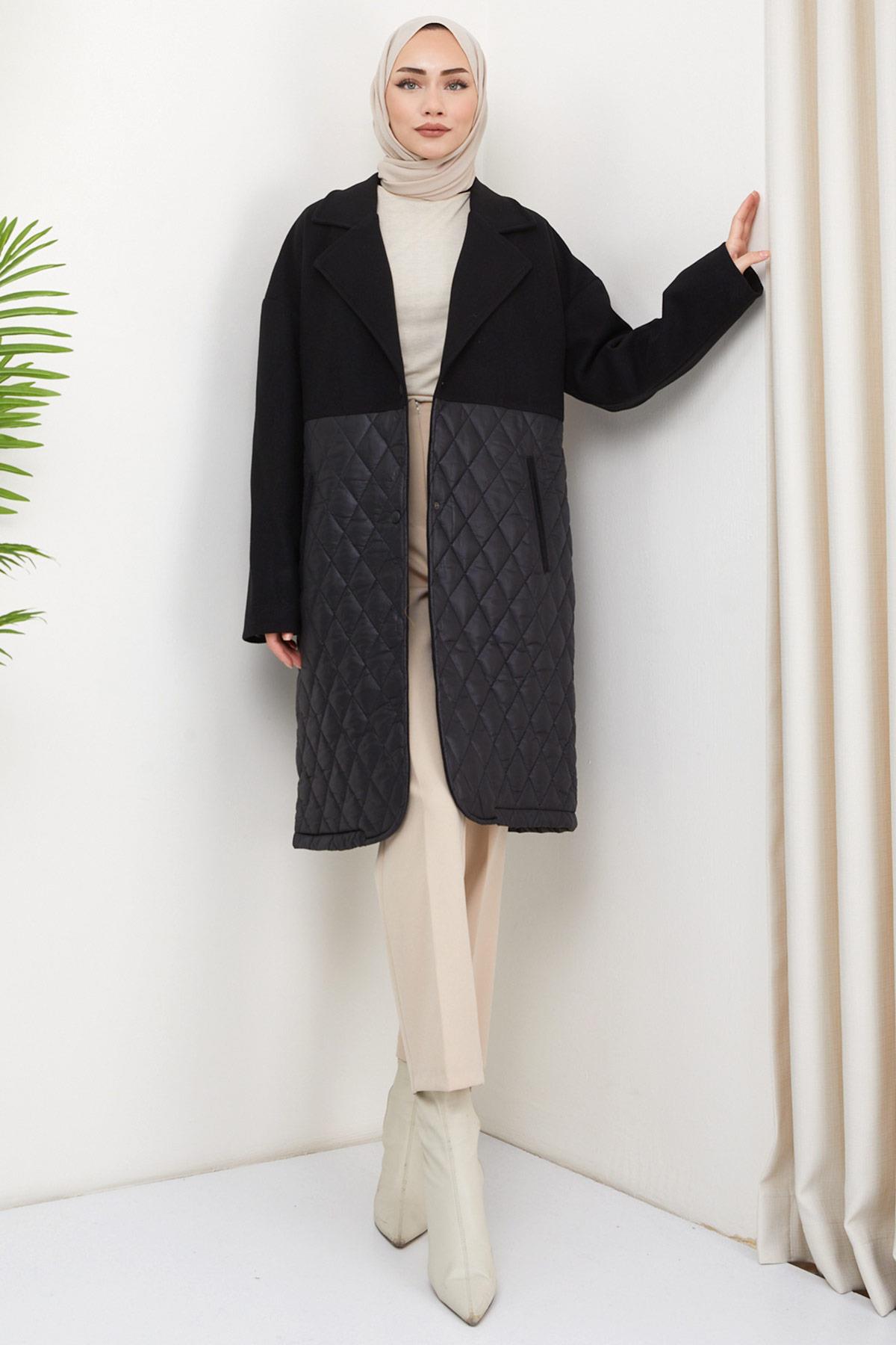 Kapitone Garnili Kaşe Kaban Siyah HM2328