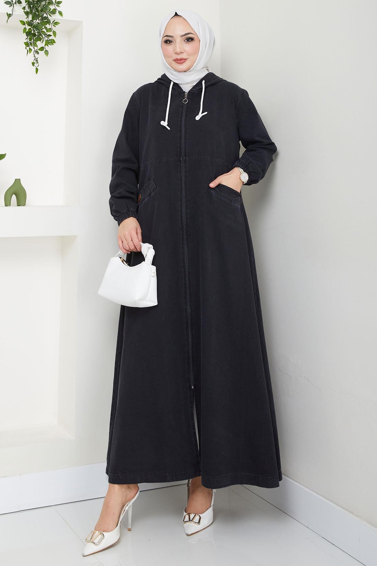 Kapşonlu Kot Ferace Siyah HM2653