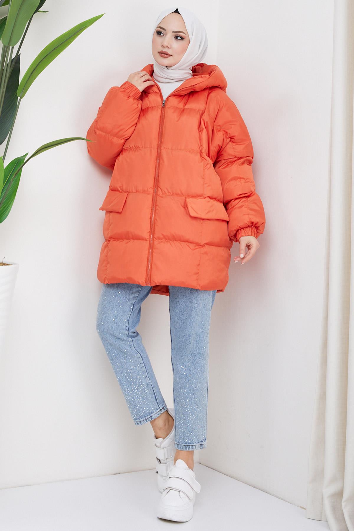 Kapşonlu Oversize Şişme Mont Turuncu HM2314