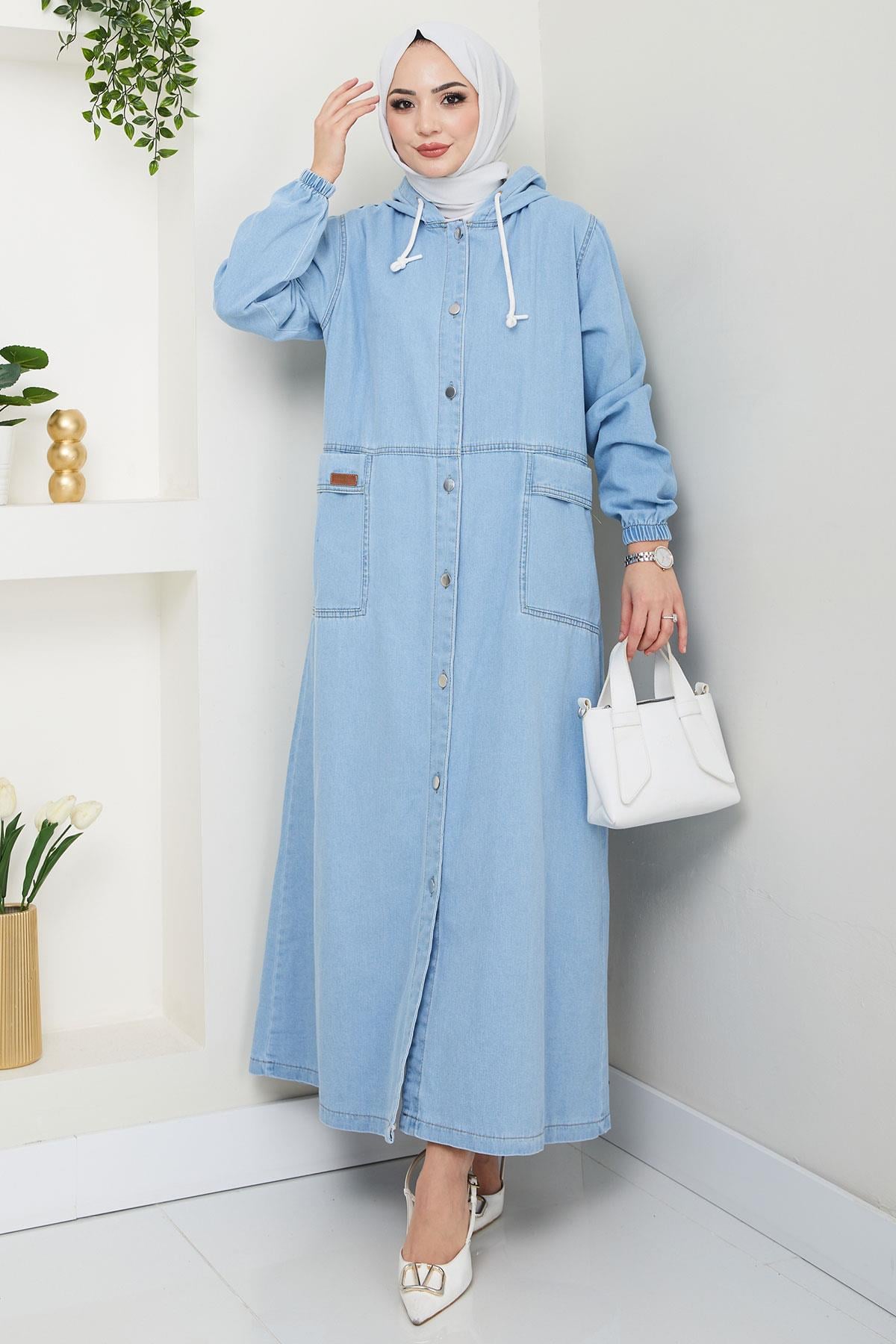 Kapüşonlu Düğmeli Torba Cep Kot Kap Açık Mavi HM2670