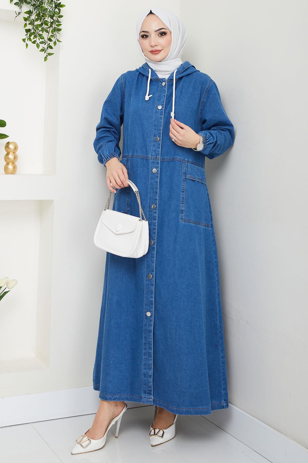 Kapüşonlu Düğmeli Torba Cep Kot Kap Koyu Mavi HM2670