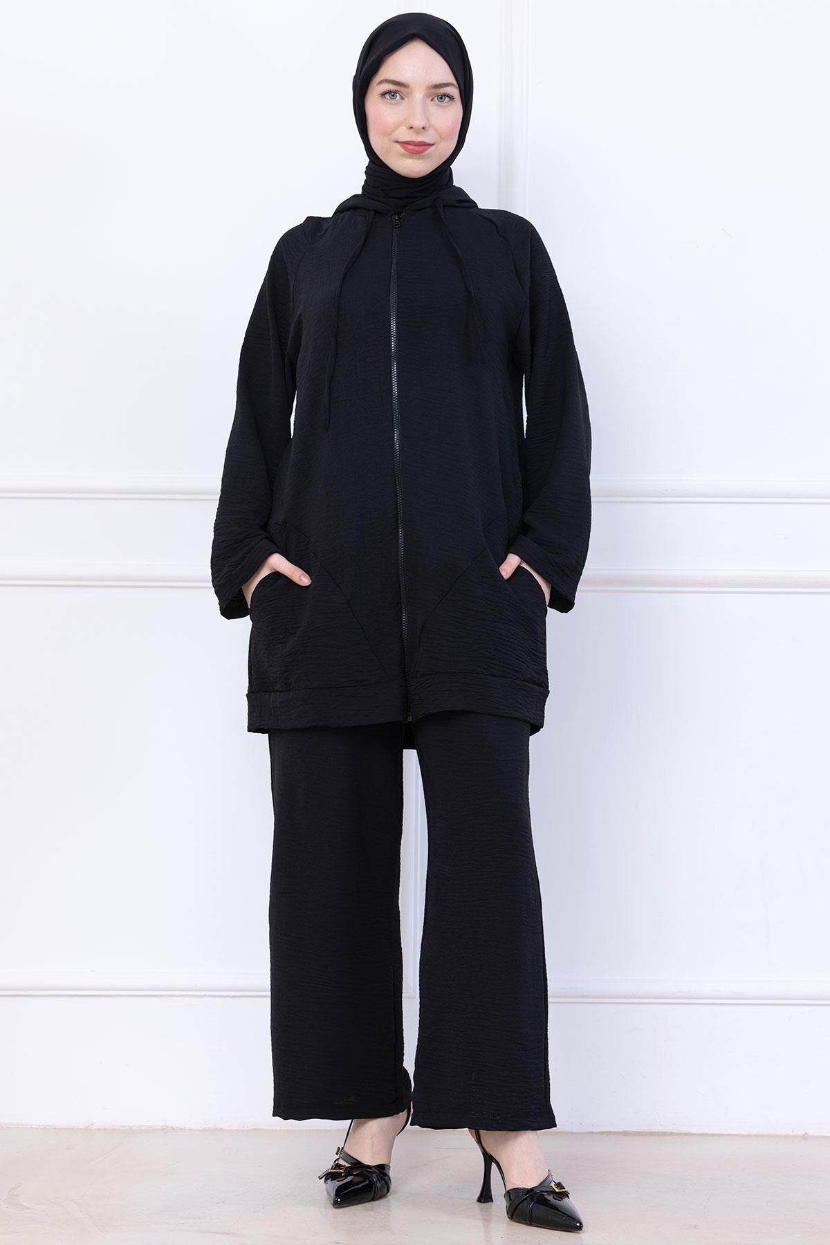 Kapüşonlu Kanguru Cepli Fermuarlı Ayrobin Takım Siyah HM2731