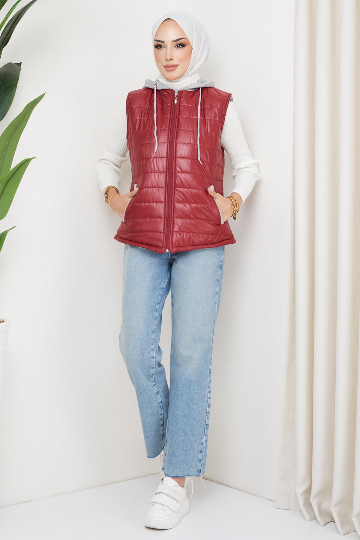 Kapüşonlu Kısa Kapitone Yelek Bordo HM2293