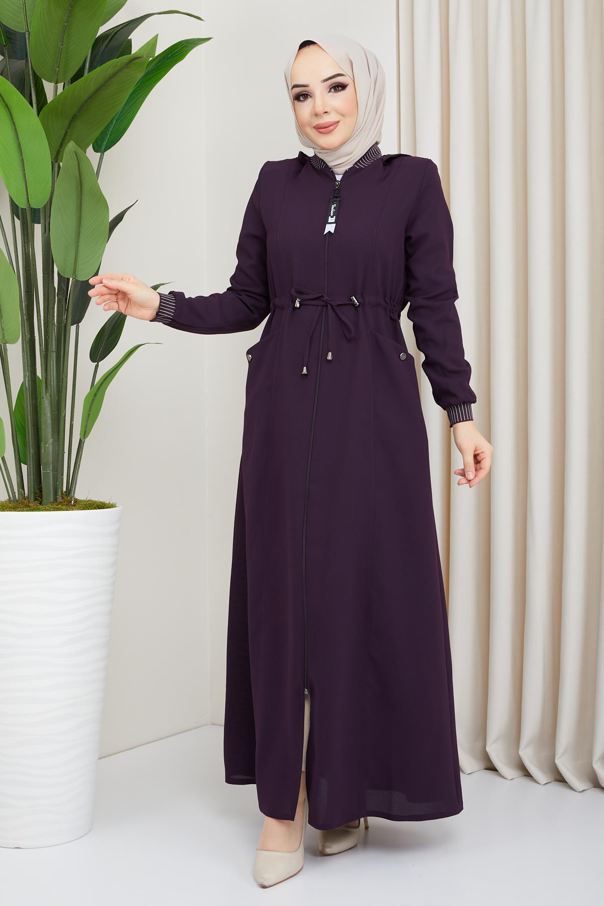 Kapüşonlu Ribanalı Mürdüm Ferace