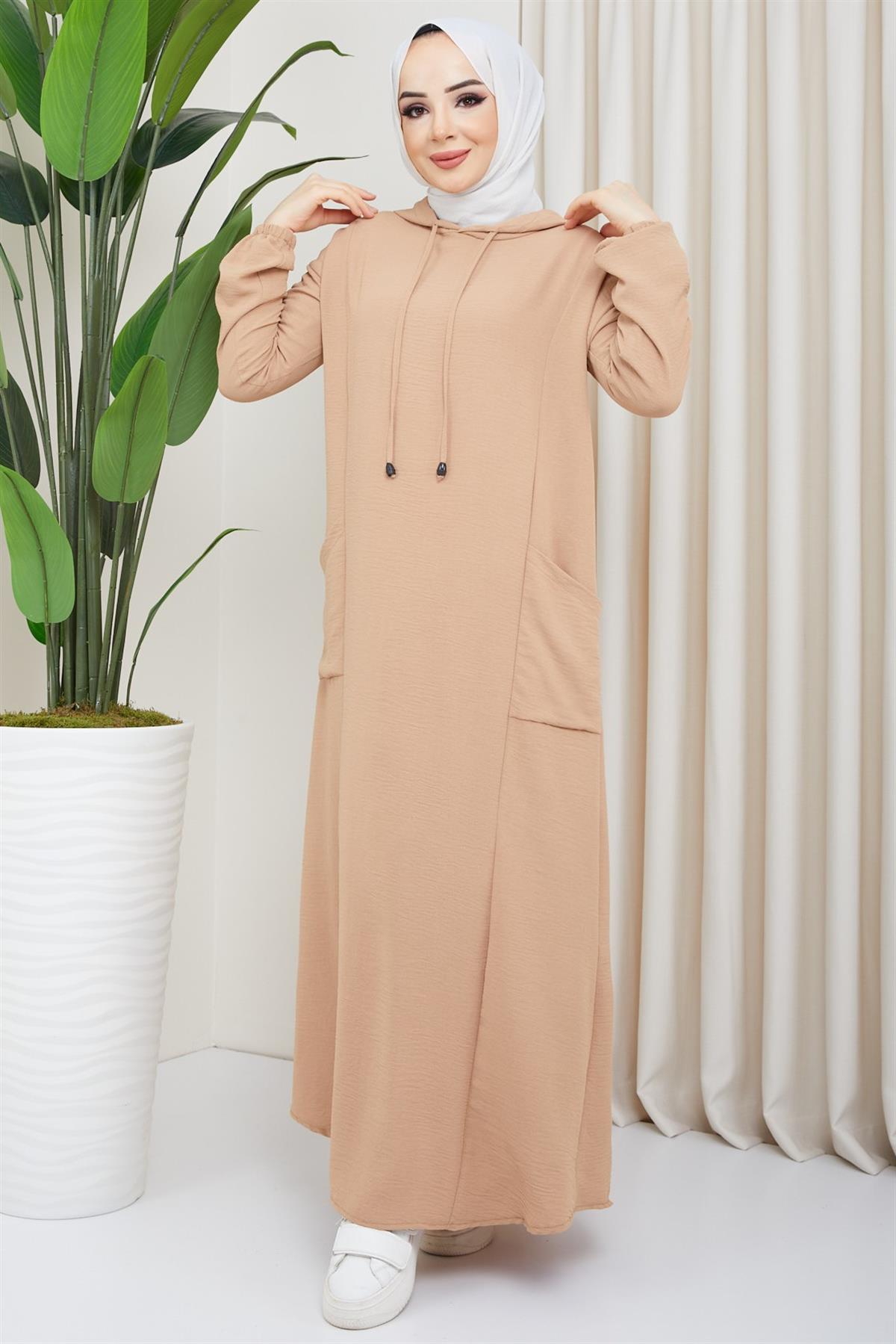 Kapüşonlu Spor Tesettür Elbise Camel