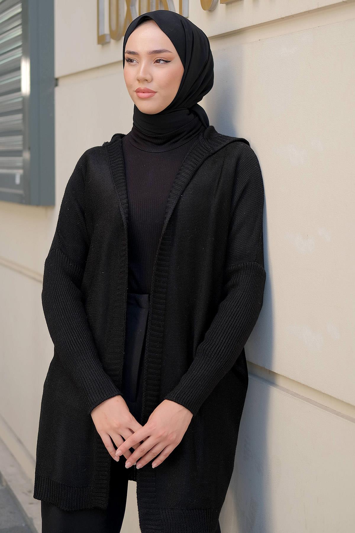 Kapüşonlu Triko Hırka Siyah HM2245