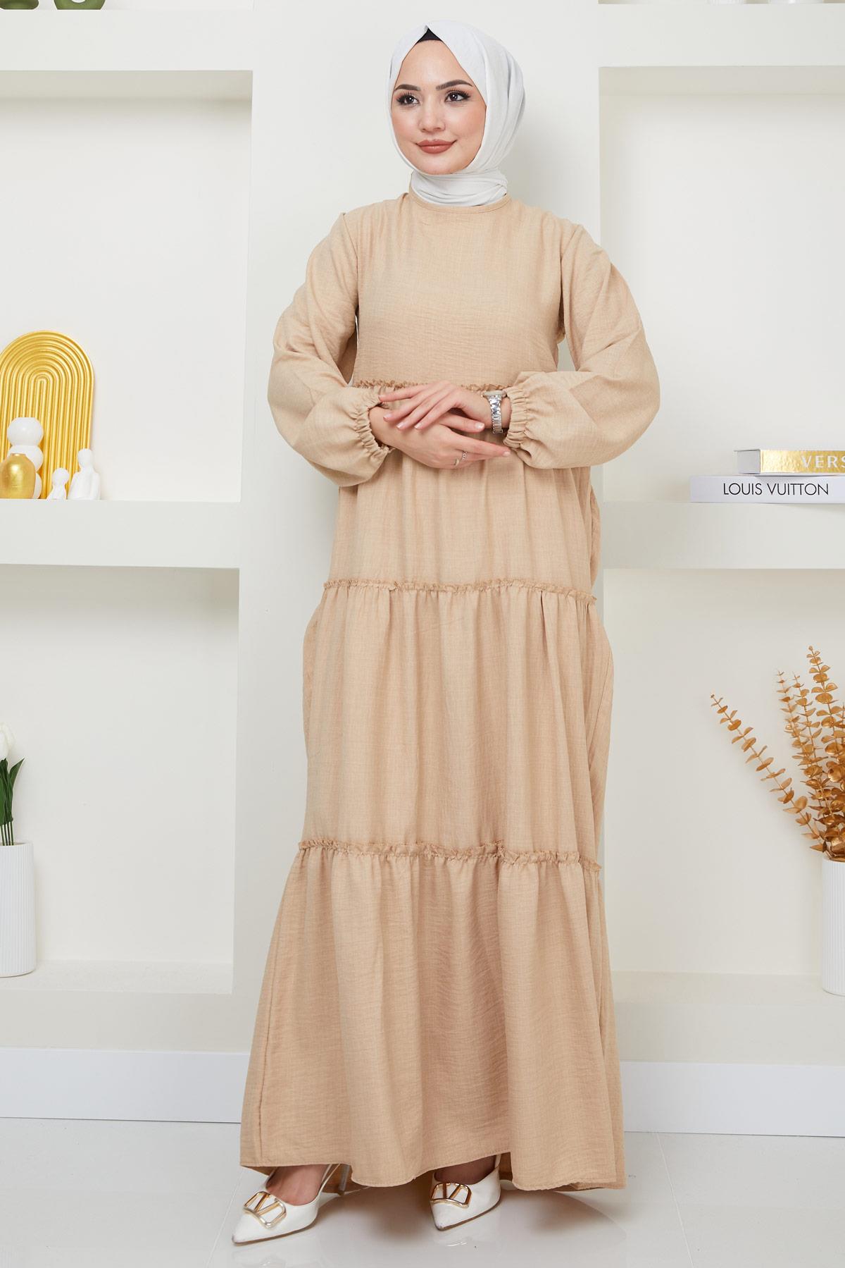 Kat Kat Büzgülü Elbise Bej HM2369