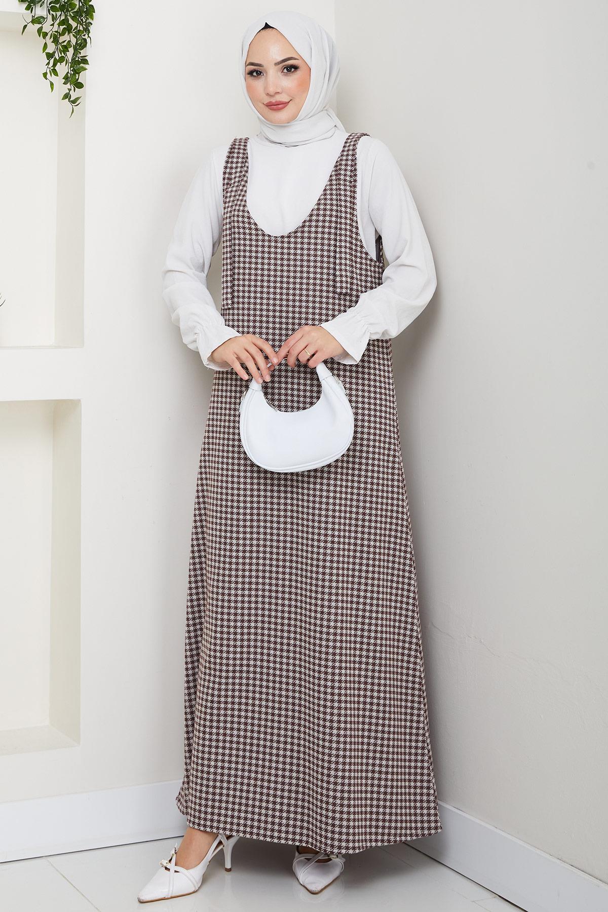 Kaz Ayağı Desen Jile Elbise Kahverengi HM2865