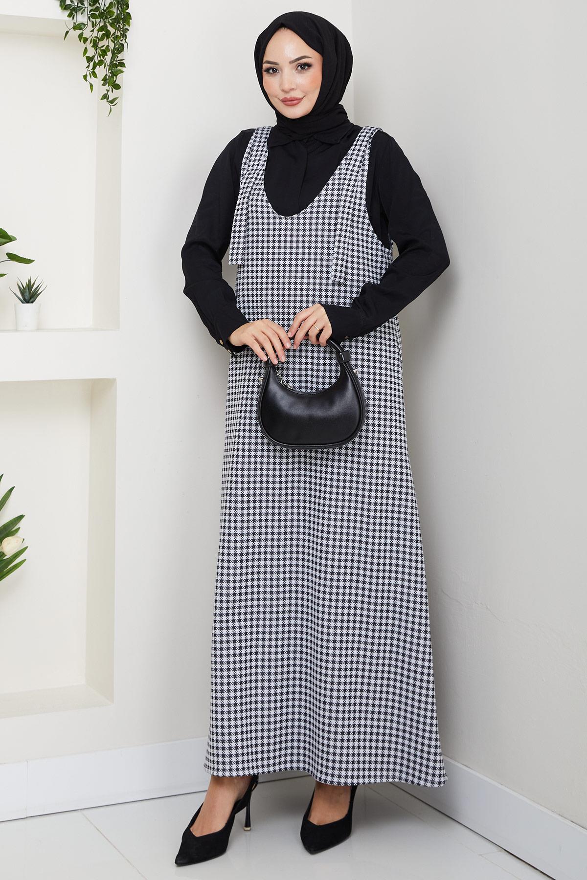 Kaz Ayağı Desen Jile Elbise Siyah HM2865