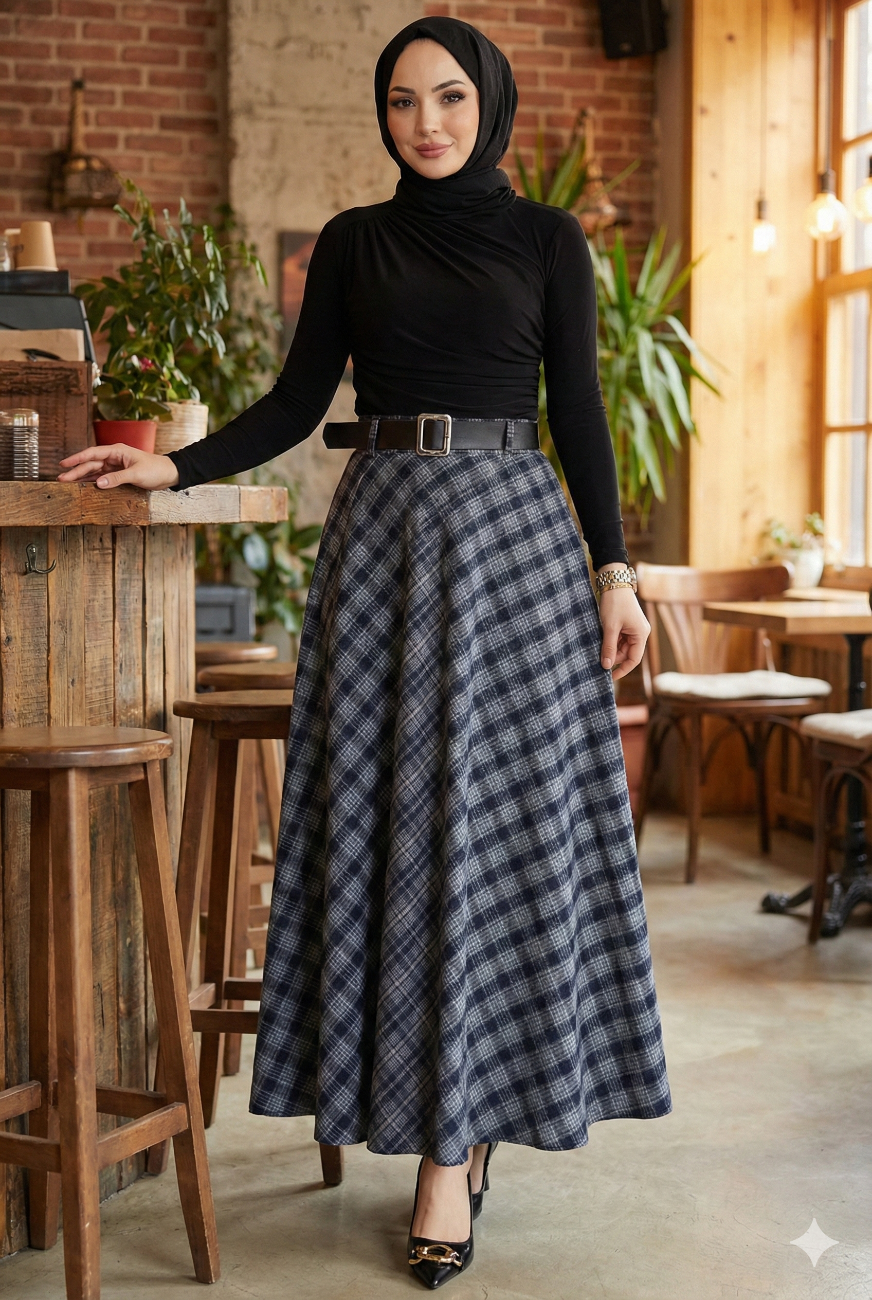 Kemerli Mevlana Model Ekose Etek Beyaz HM2874