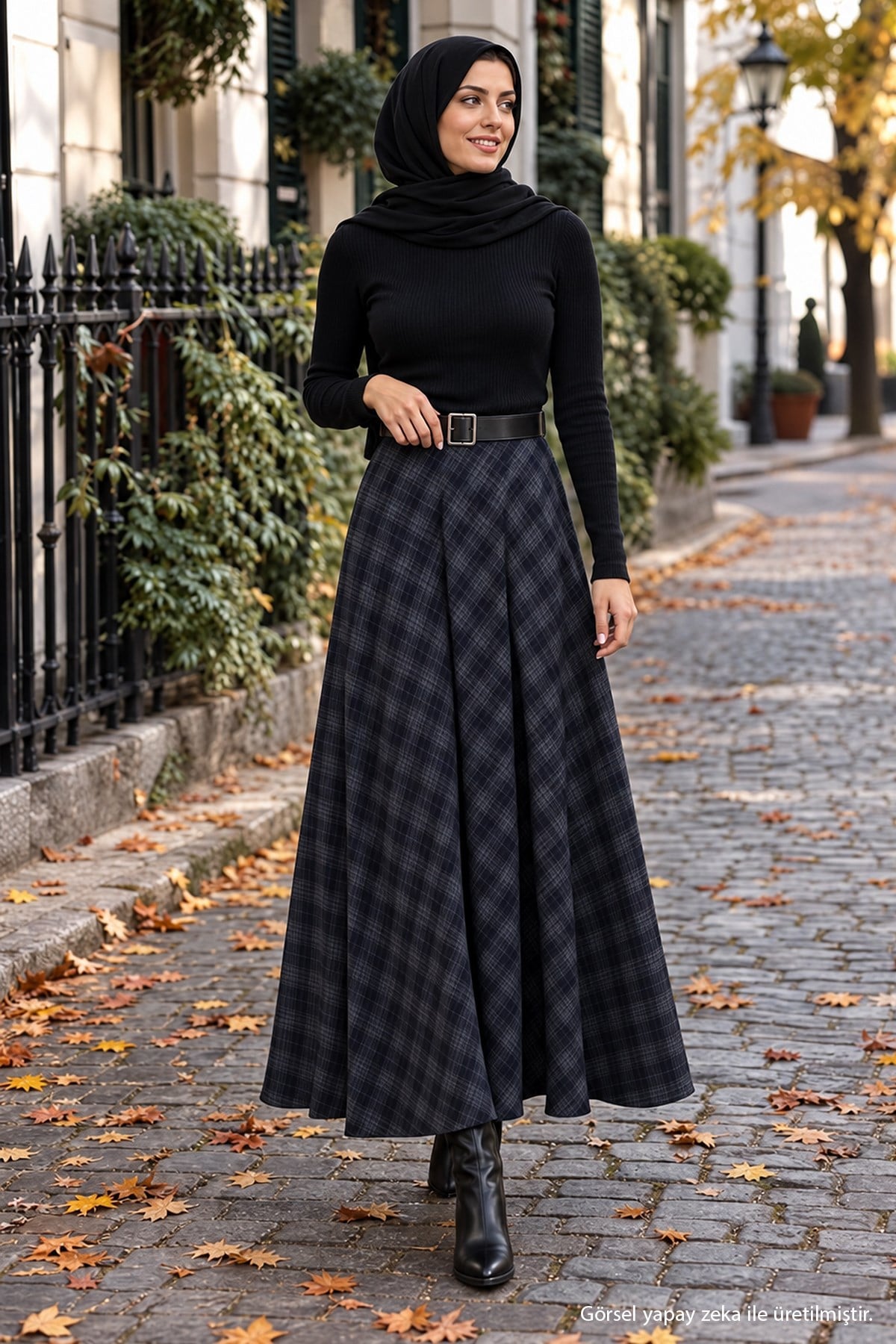 Kemerli Mevlana Model Ekose Etek Füme HM2874