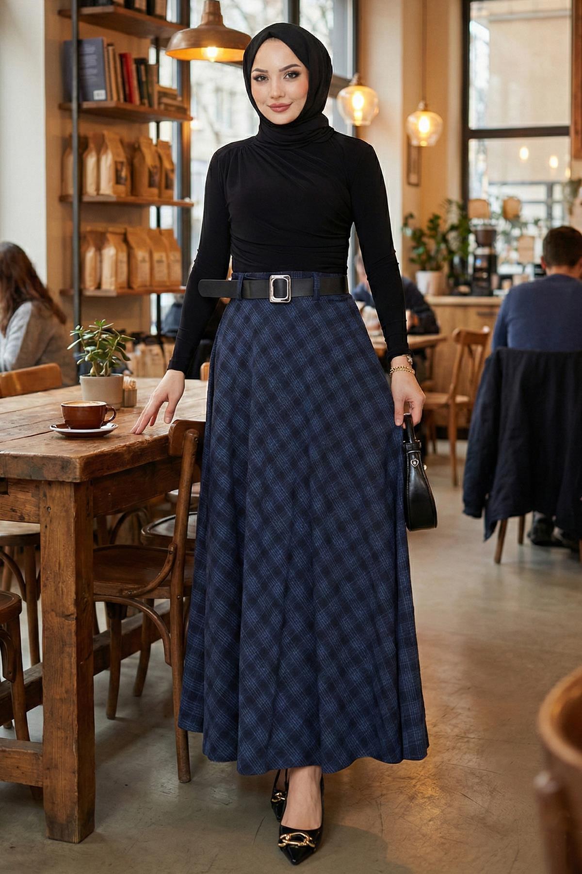 Kemerli Mevlana Model Ekose Etek Lacivert HM2874