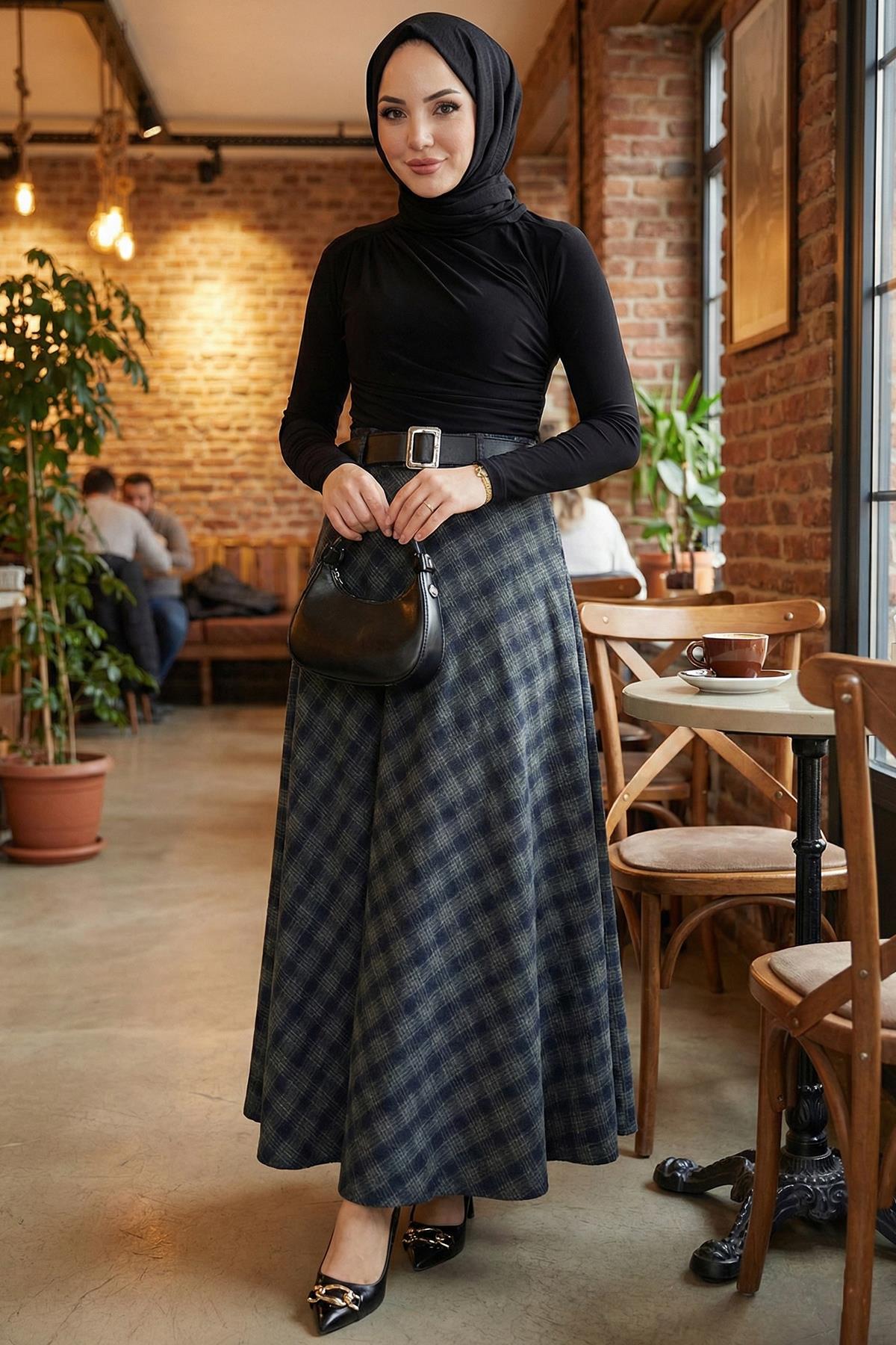 Kemerli Mevlana Model Ekose Etek Yeşil HM2874