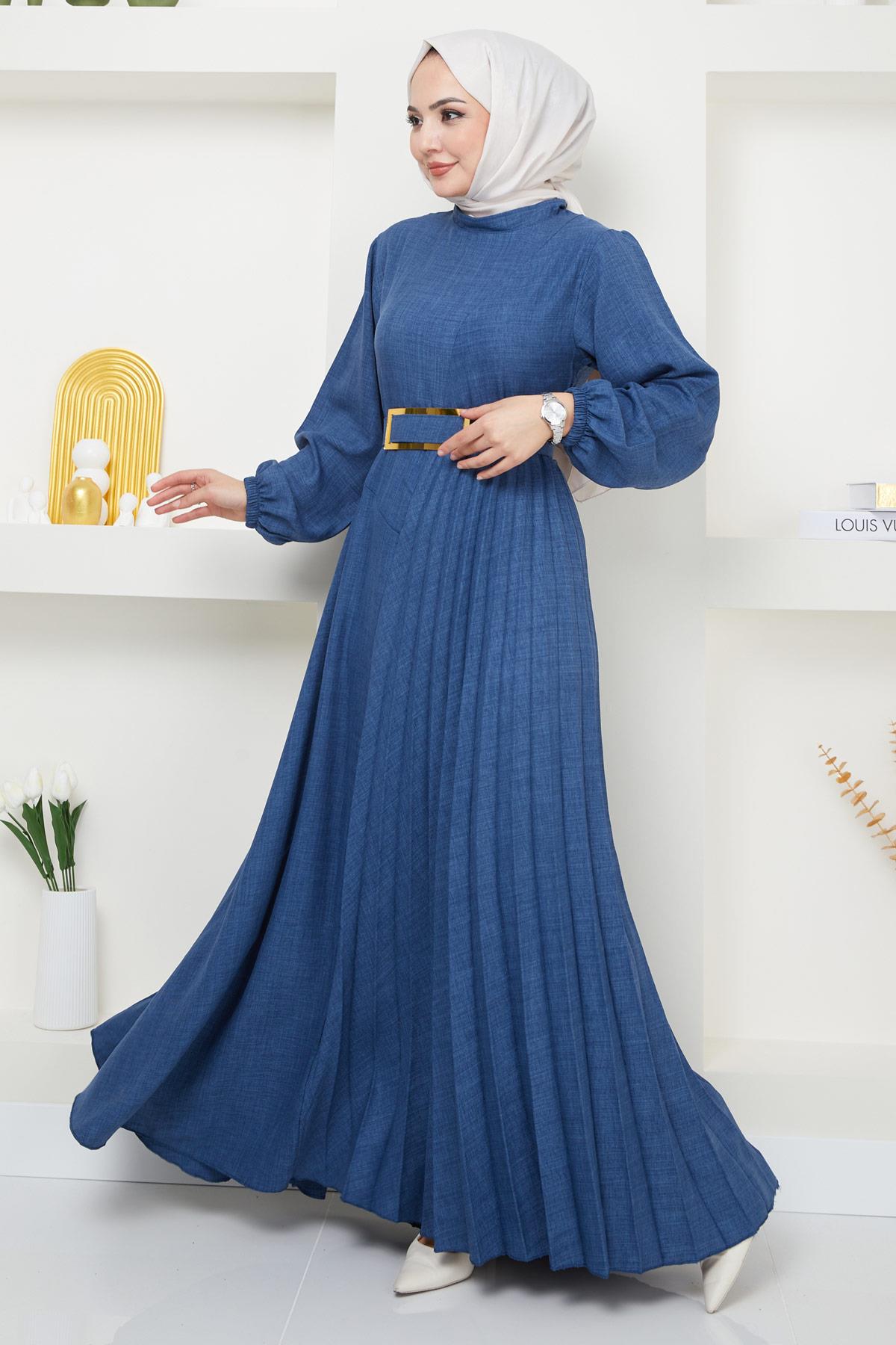 Kemerli Pilise Detaylı Elbise İndigo HM2363