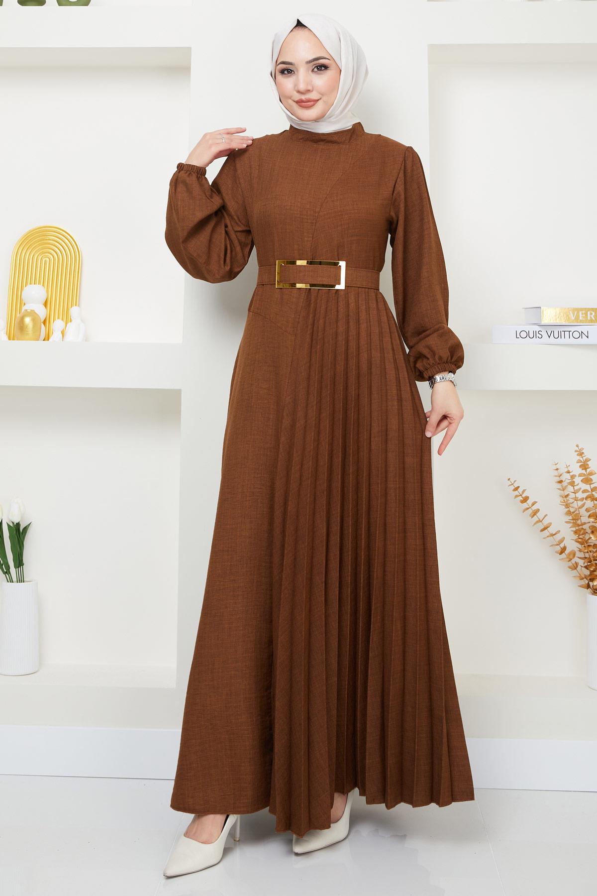 Kemerli Pilise Detaylı Elbise Kahverengi HM2363