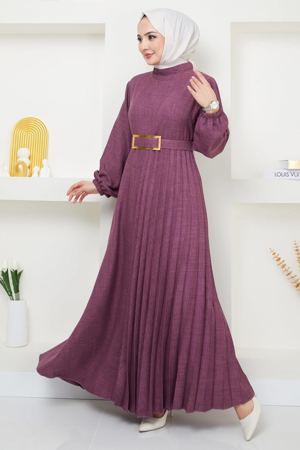 Kemerli Pilise Detaylı Elbise Mürdüm HM2363