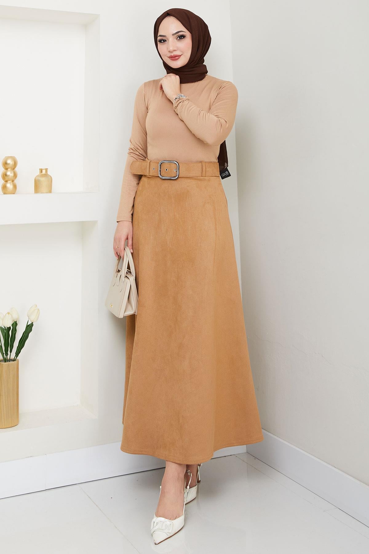 Kemerli Süet Mevlana Etek Camel HM2607