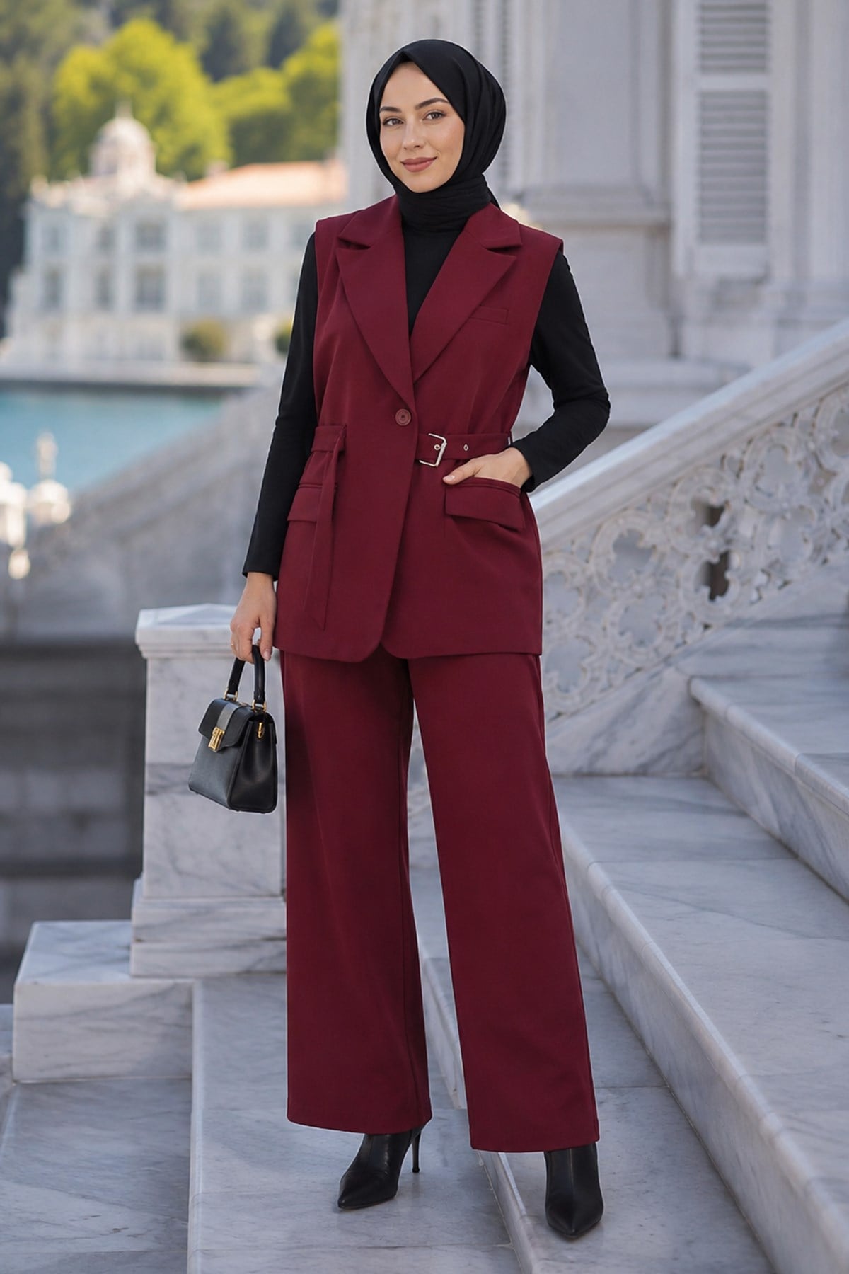Kemerli Yelekli Takım Bordo HM2749