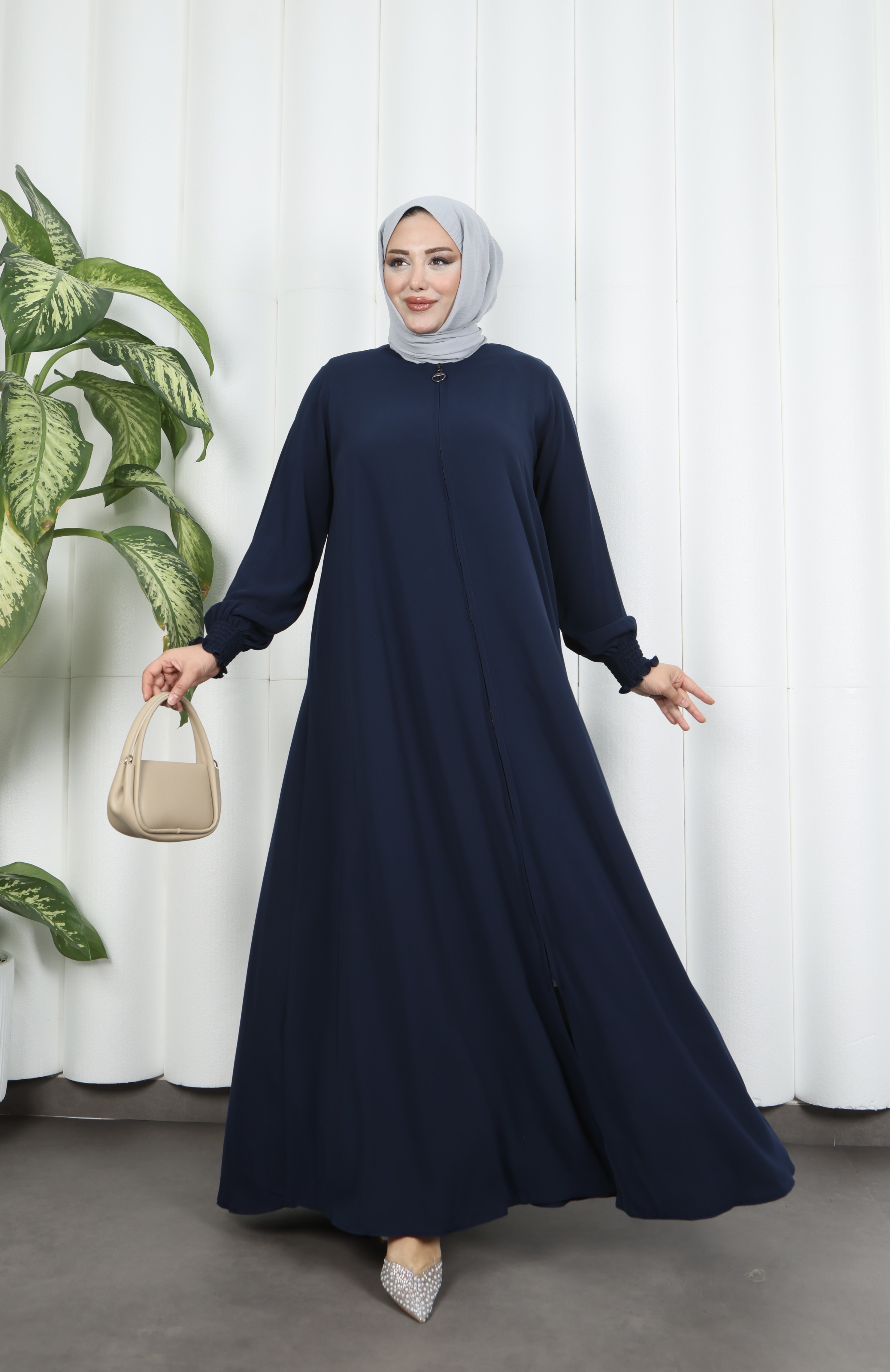 Kol Ucu Büzgü Detaylı Boydan Fermuarlı Ferace Lacivert  HNT7005