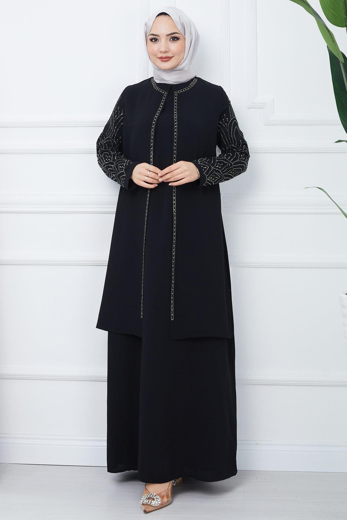 Kolları Taşlı Büyük Beden Anne Elbisesi Siyah HM2349