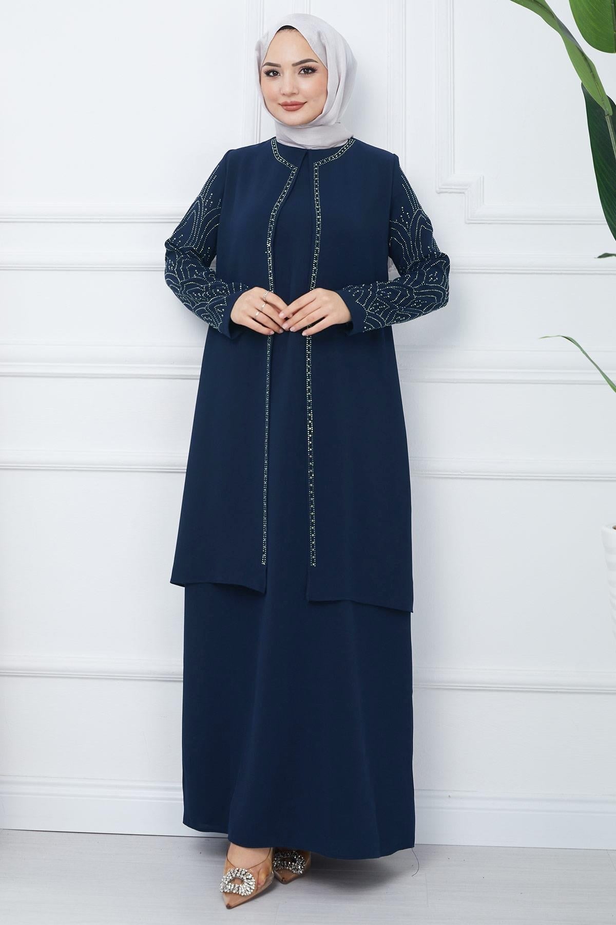 Kolları Taşlı Büyük Beden Anne Elbisesi İndigo HM2349