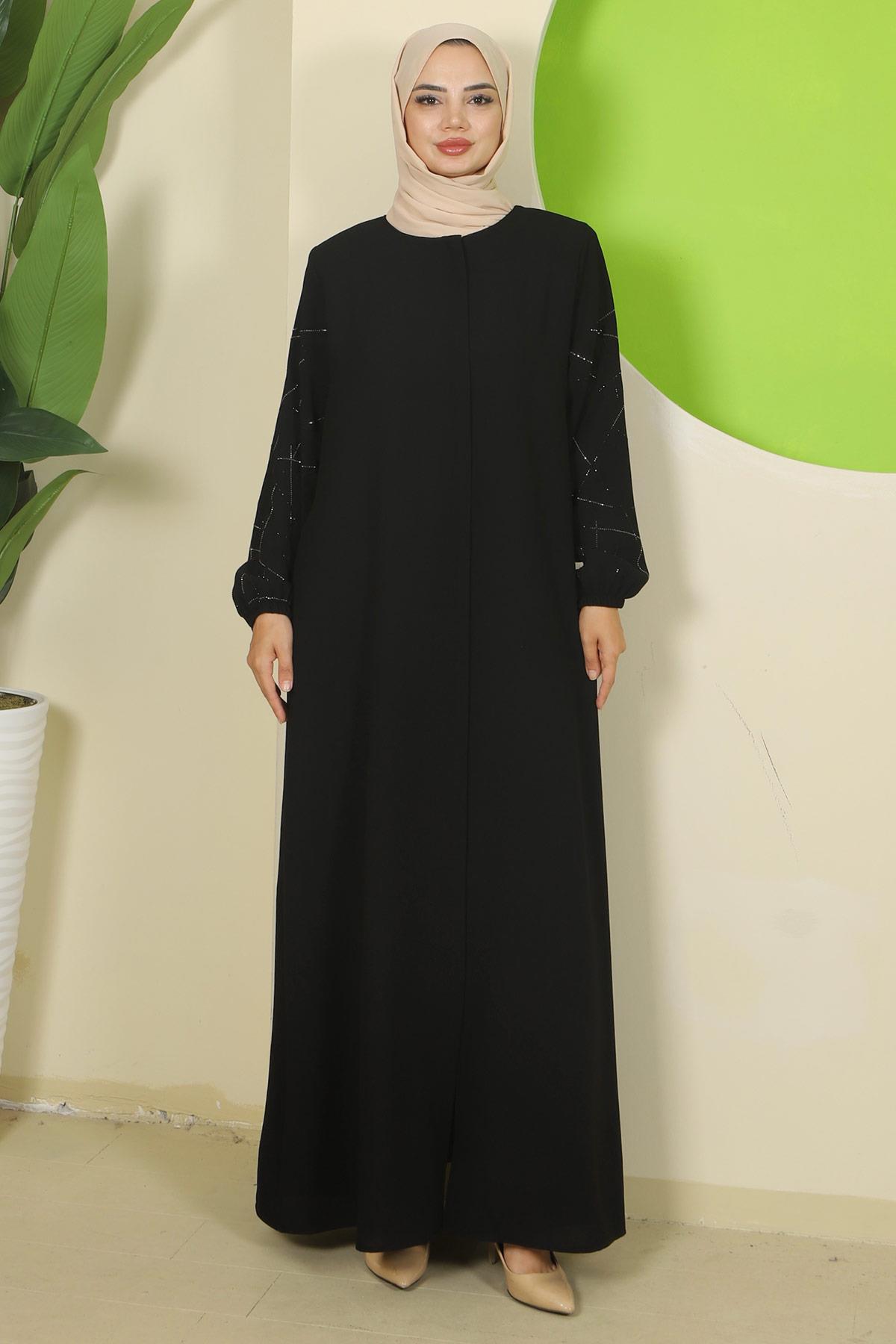 Kolları Taşlı Büyük Beden Ferace Siyah HM2801