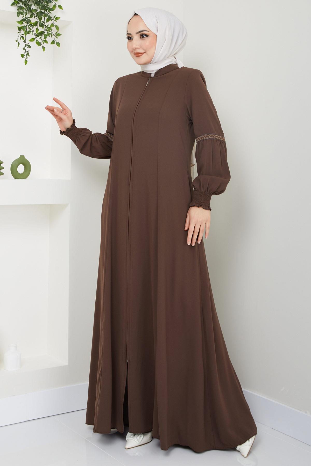 Kolu Nakışlı Ferace Kahverengi HM2412