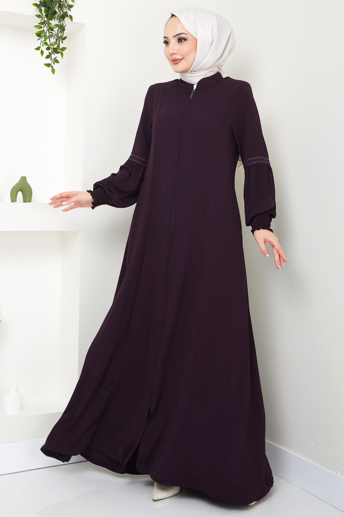 Kolu Nakışlı Ferace Mürdüm HM2412