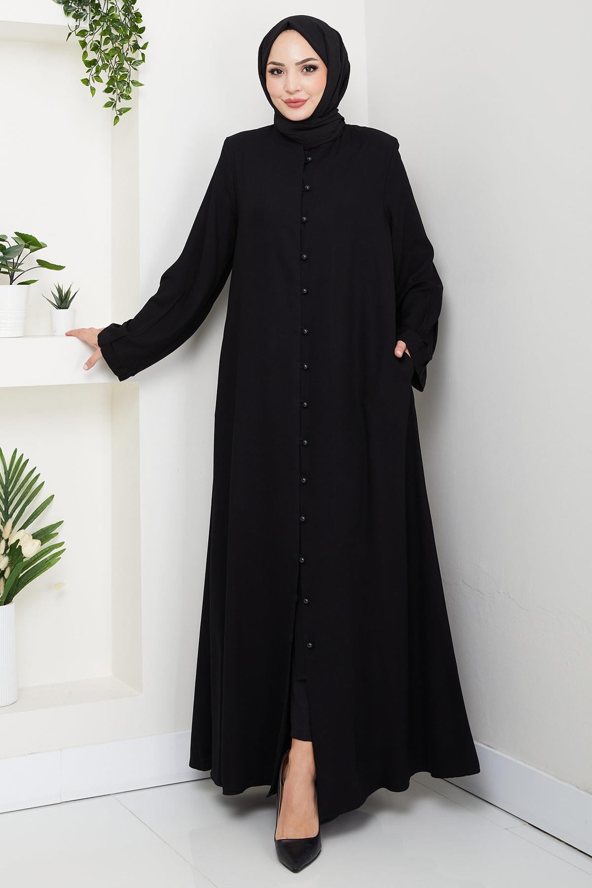 Kolu Pensli Düğmeli Ferace Siyah HM2861