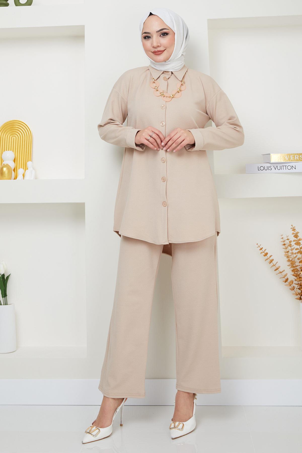 Kolyeli Krep İkili Takım Bej HM2374