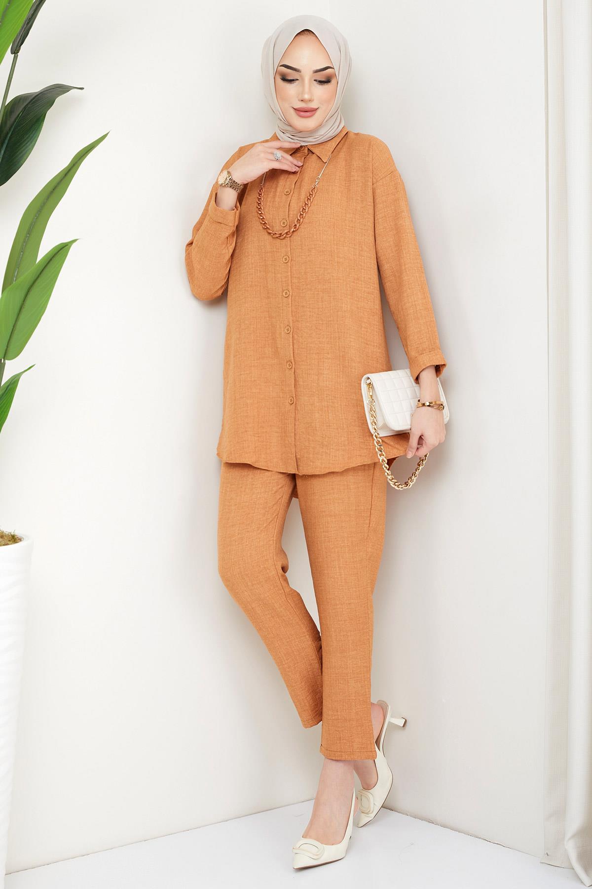 Kolyeli Tunik Pantolon İkili Takım Camel