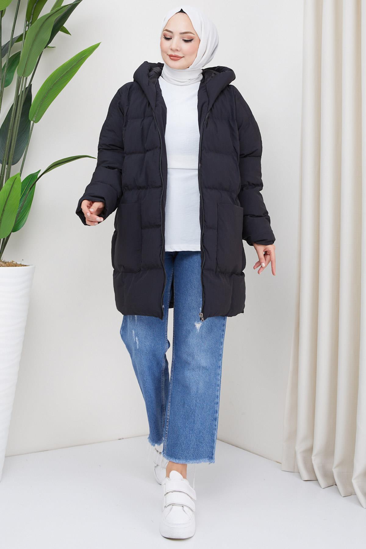 Kraşlı Oversize Dolgulu Mont Siyah HM2316