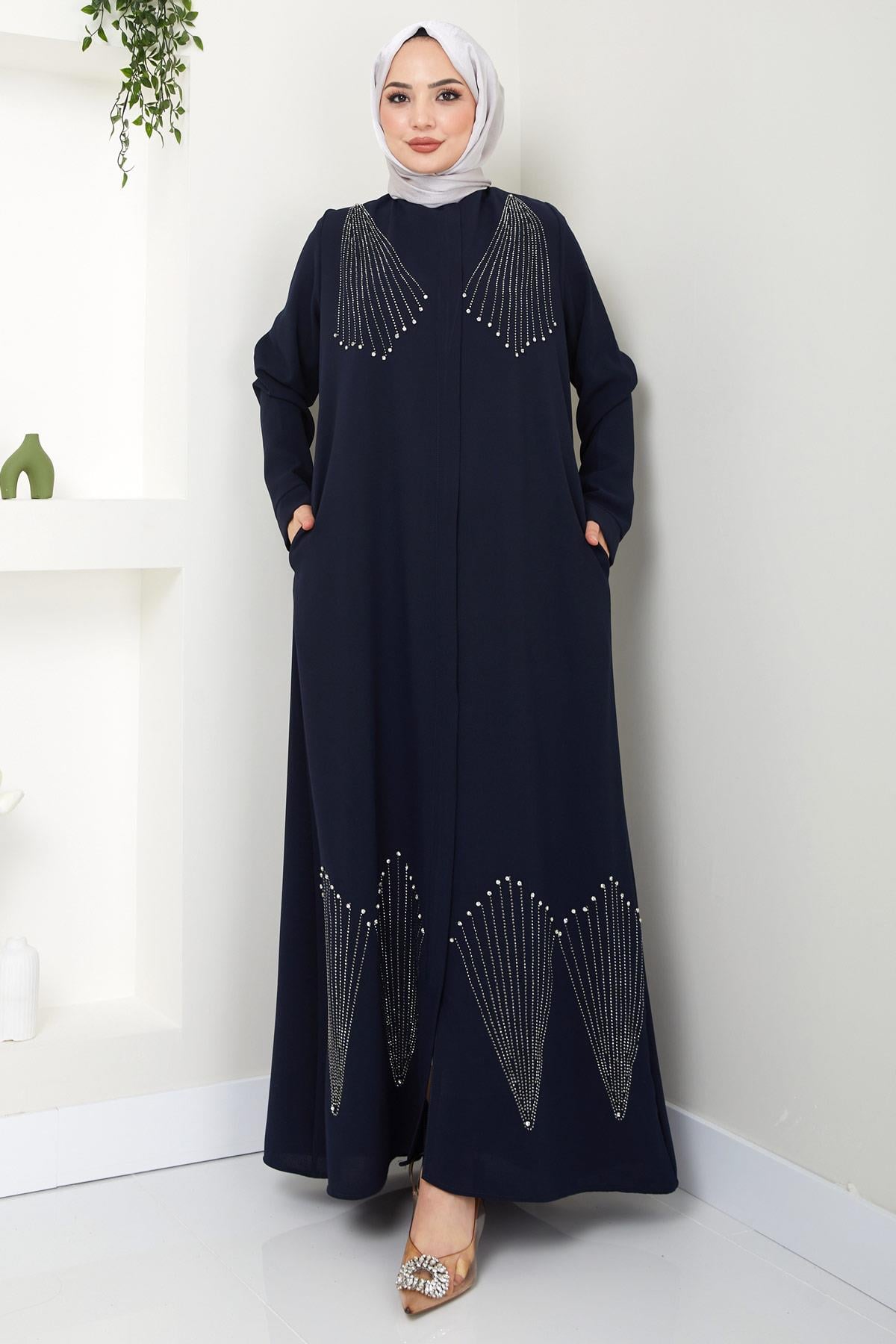 Kristal Taş İşlemeli Ferace Lacivert HM2423