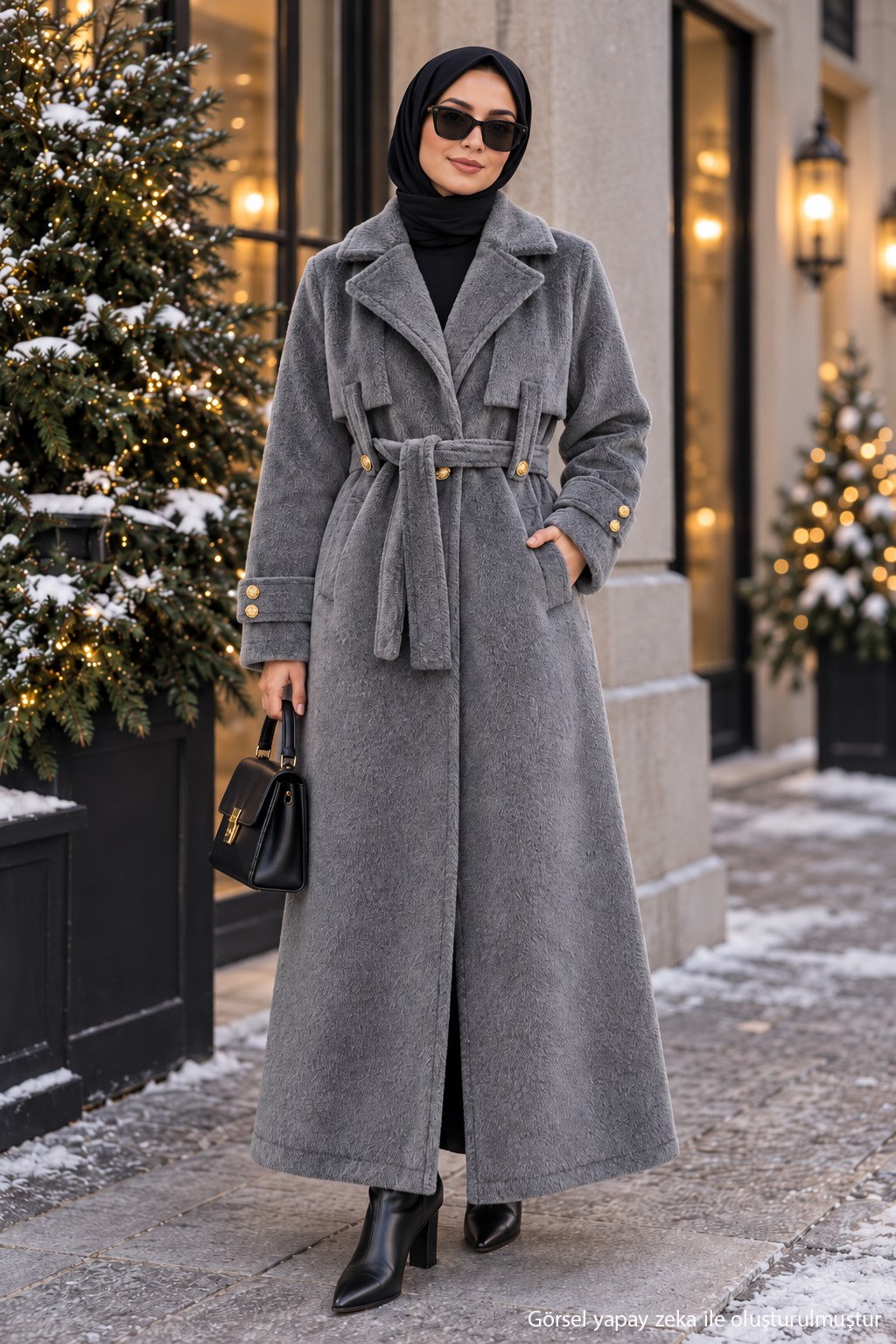 Kuşaklı Angora Tesettür Kaban Füme HM2974