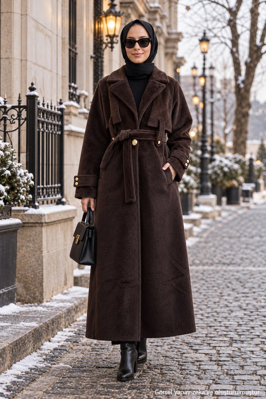 Kuşaklı Angora Tesettür Kaban Kahverengi HM2974