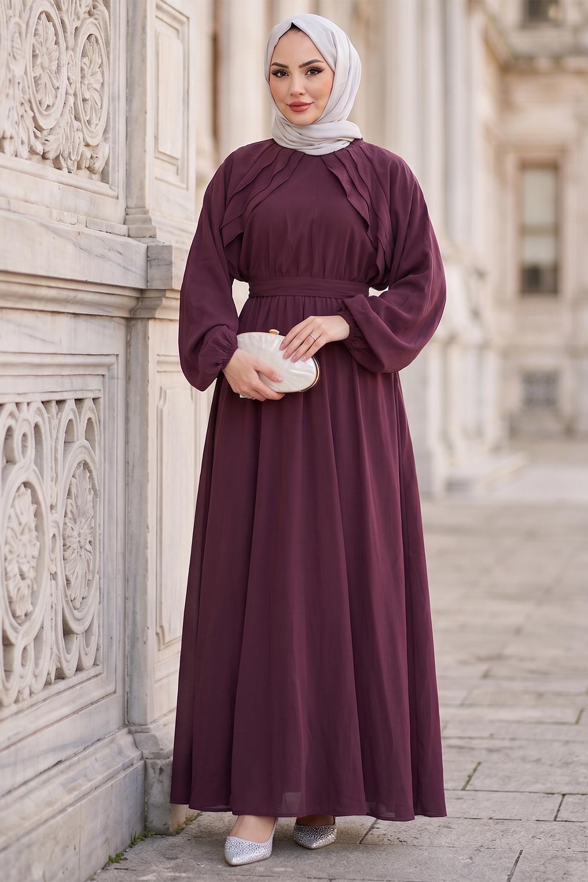 Kuşaklı Beli Lastikli Modal Elbise Bordo HM2916