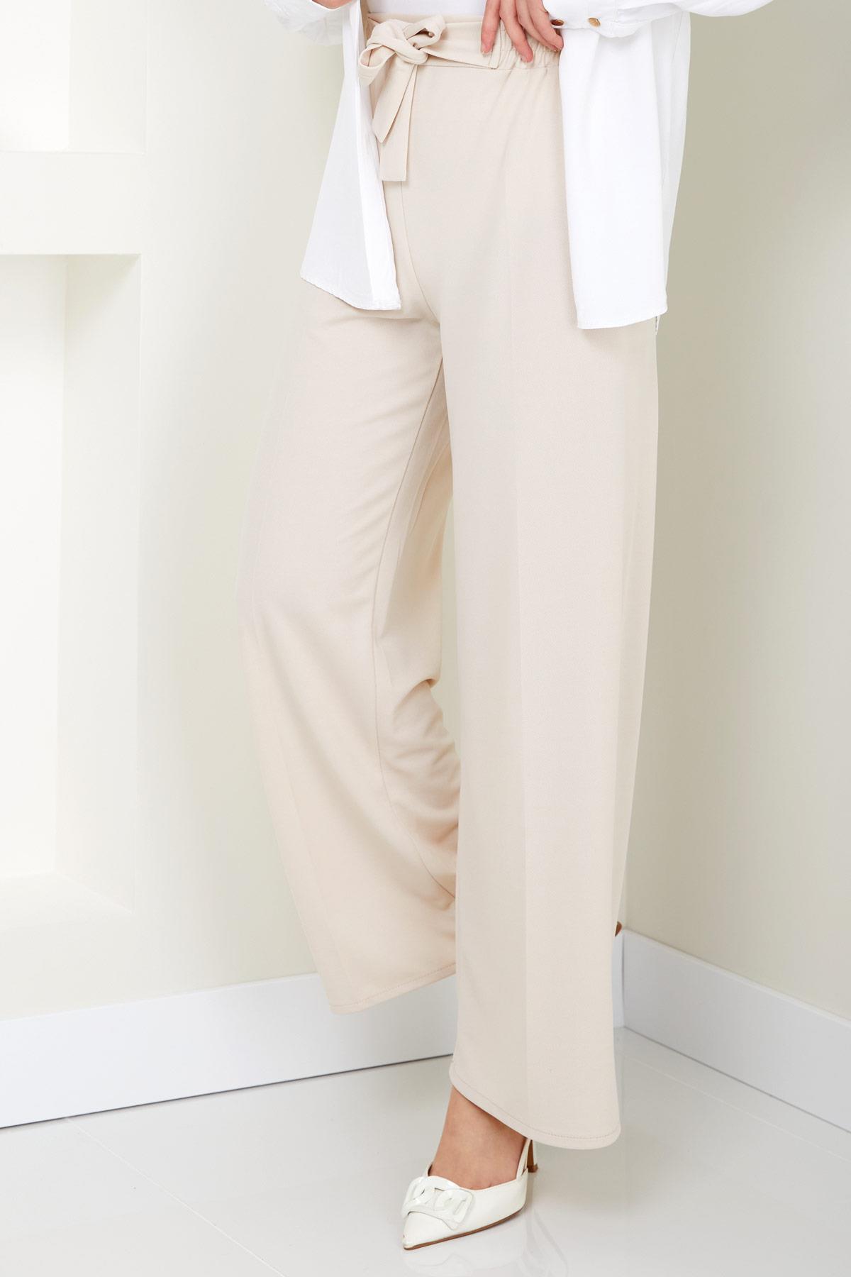 Kuşaklı Bol Paça Kumaş Pantolon Bej HM2088
