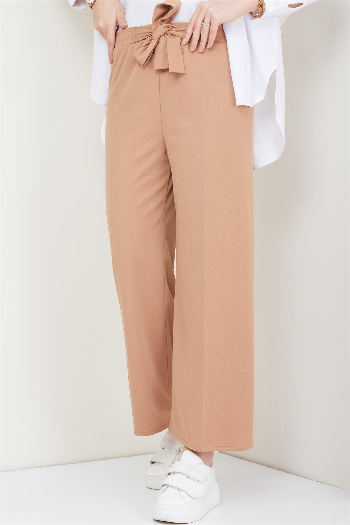 Kuşaklı Bol Paça Kumaş Pantolon Camel
