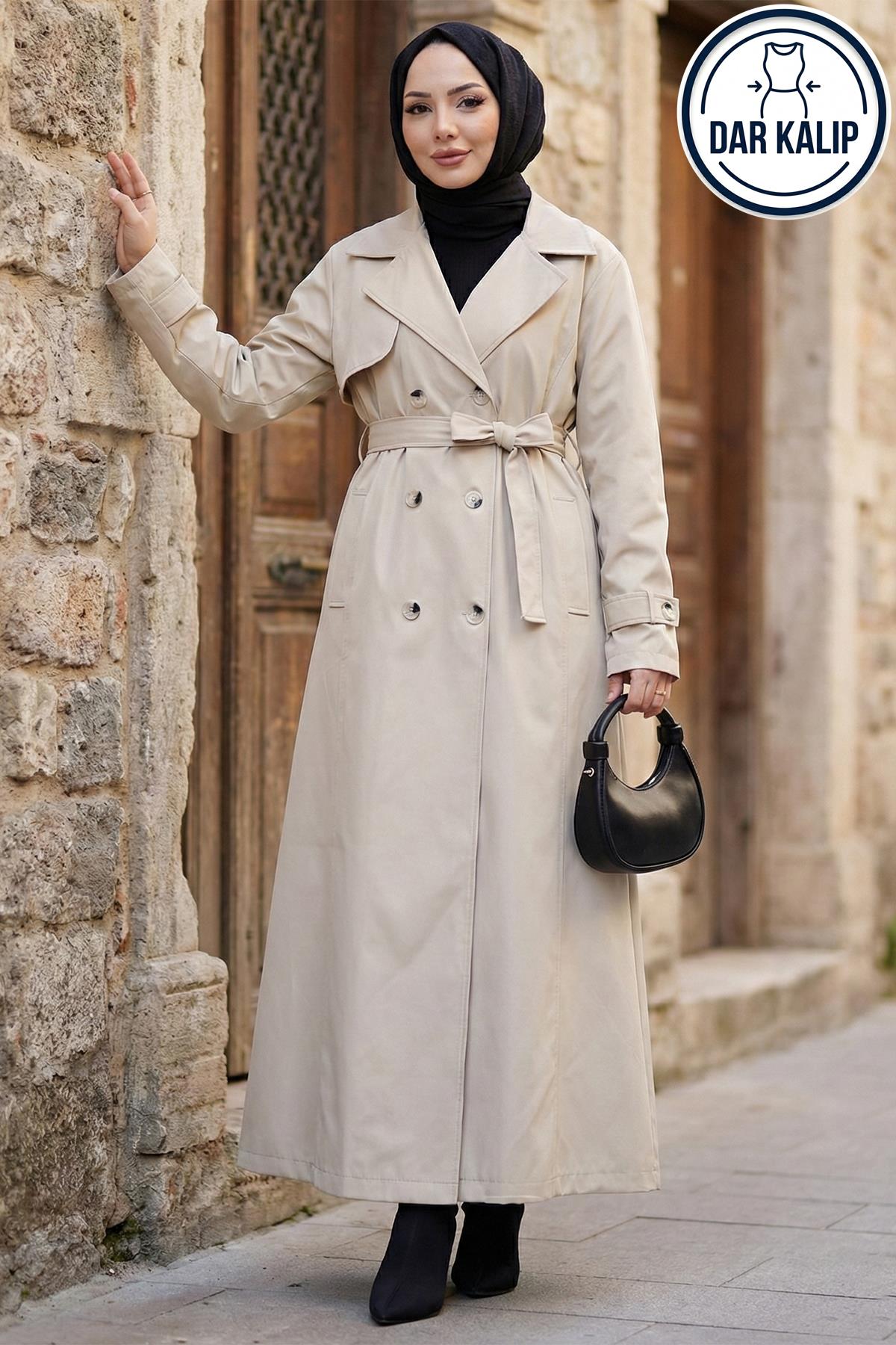 Kuşaklı Düğmeli Tamboy Trençkot Taş Rengi HM2891