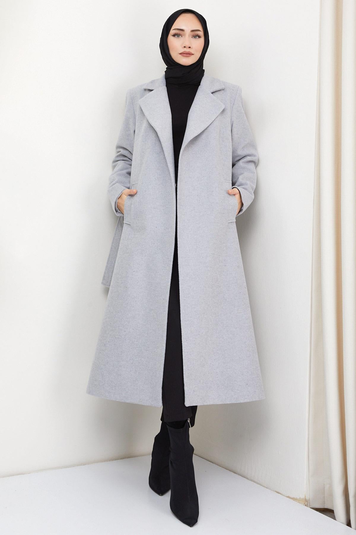 Kuşaklı Kaşe Kaban Gri HM2329