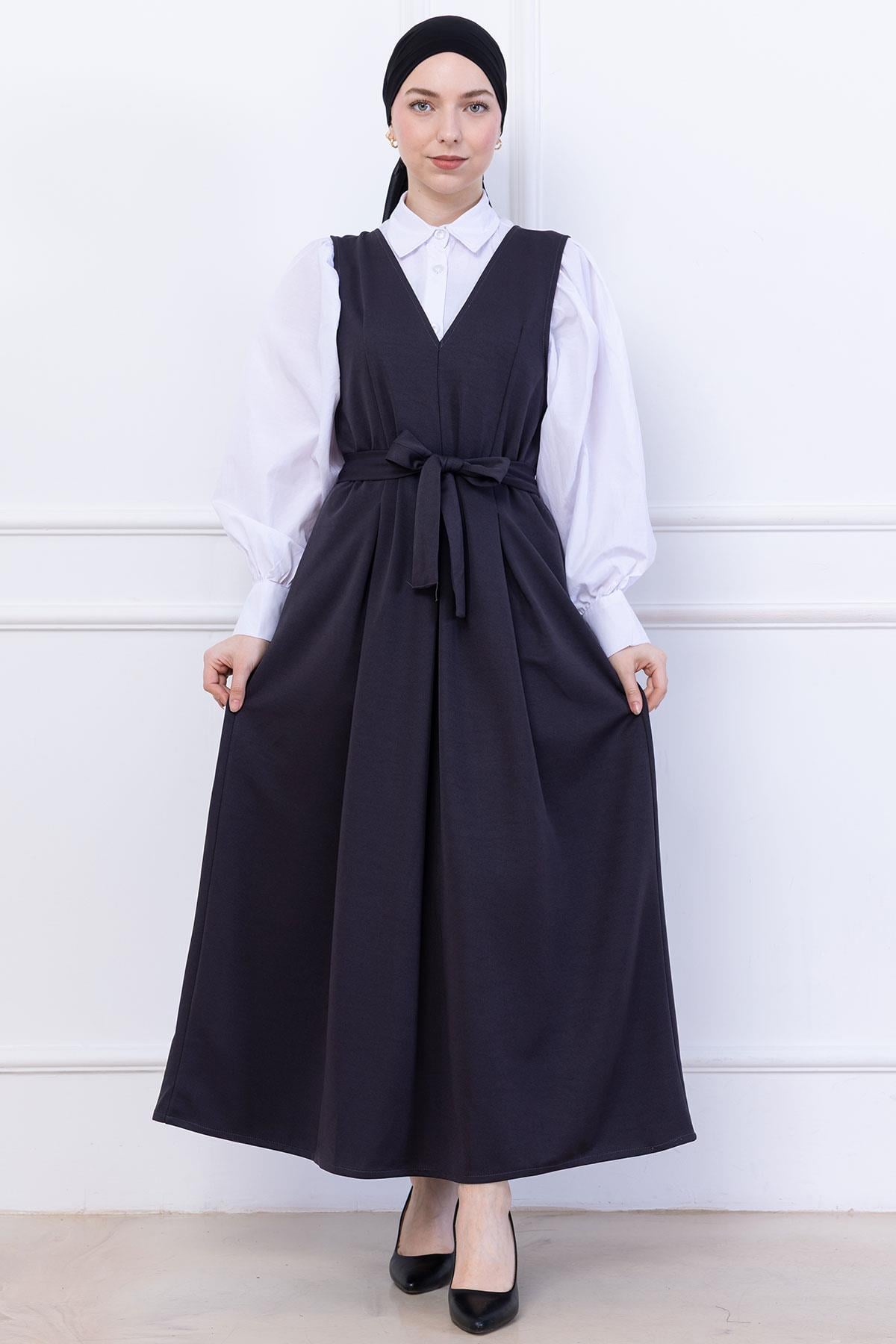 Kuşaklı Pileli Örme Jile Elbise Antrasit HM2736