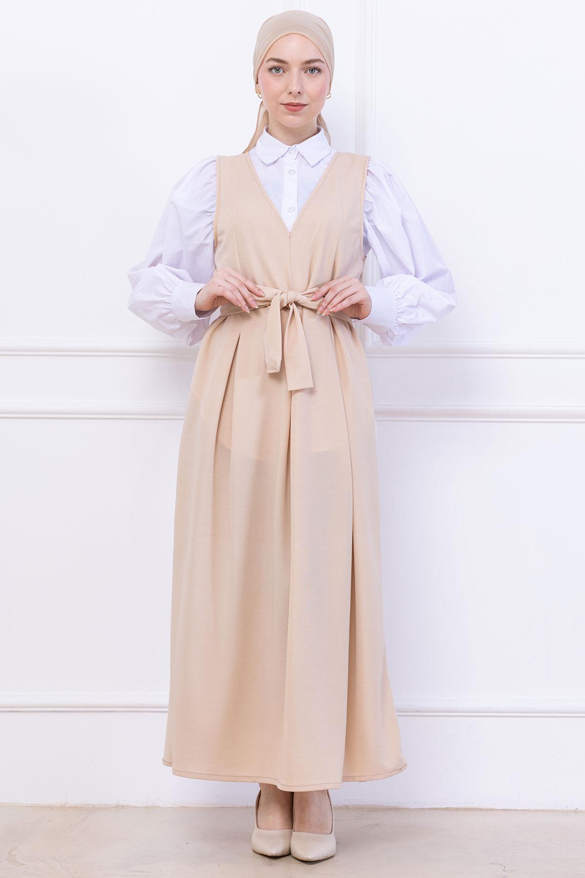 Kuşaklı Pileli Örme Jile Elbise Bej HM2736