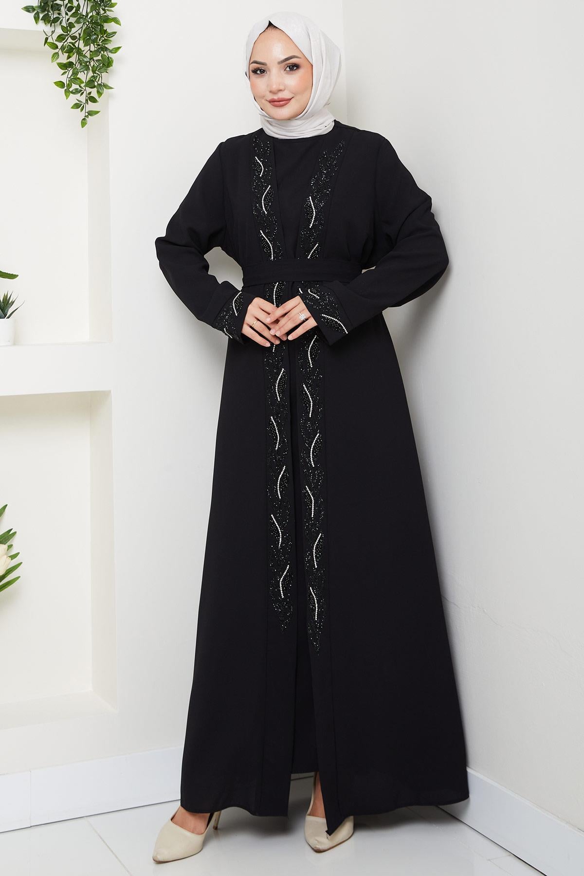 Kuşaklı Taş Detaylı Abaya Siyah HM2803