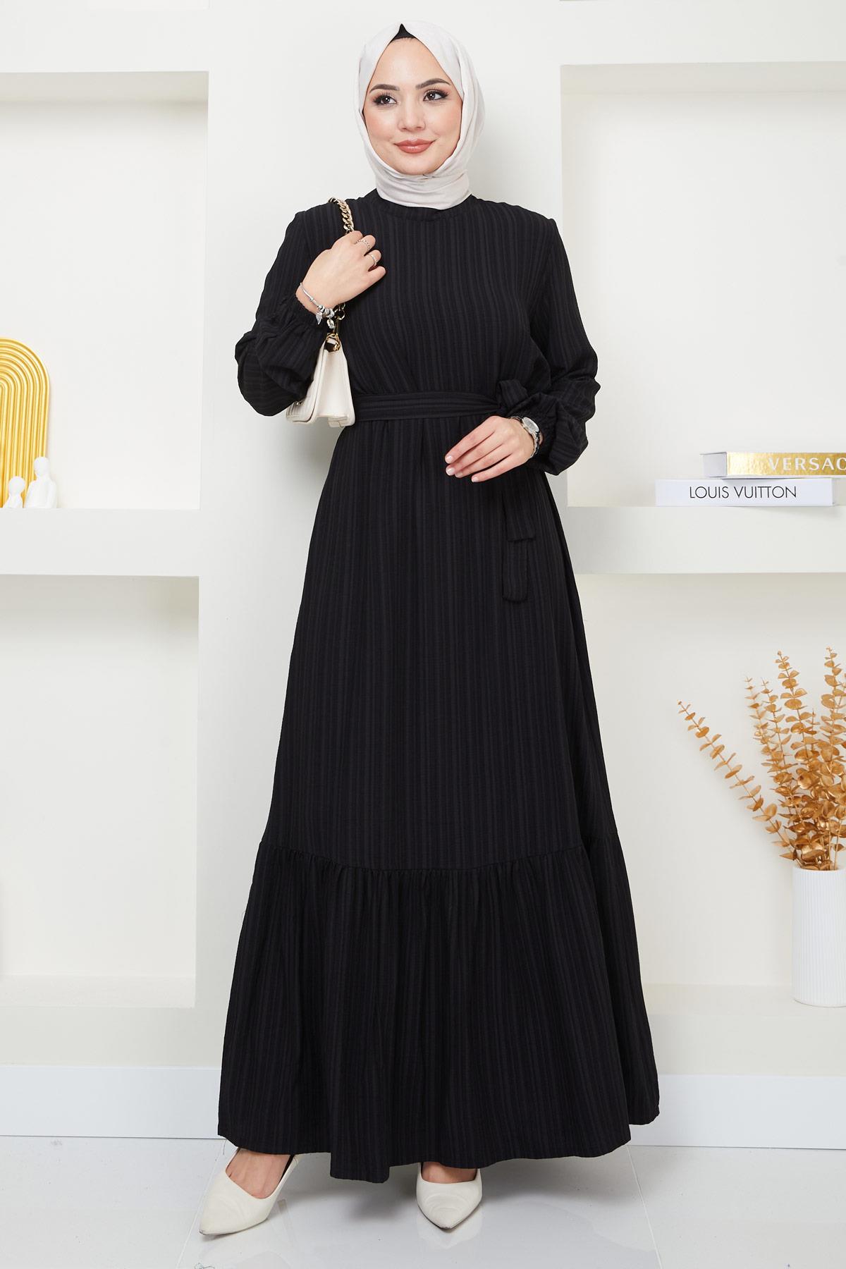 Lara Kuşaklı Elbise Siyah HM2371