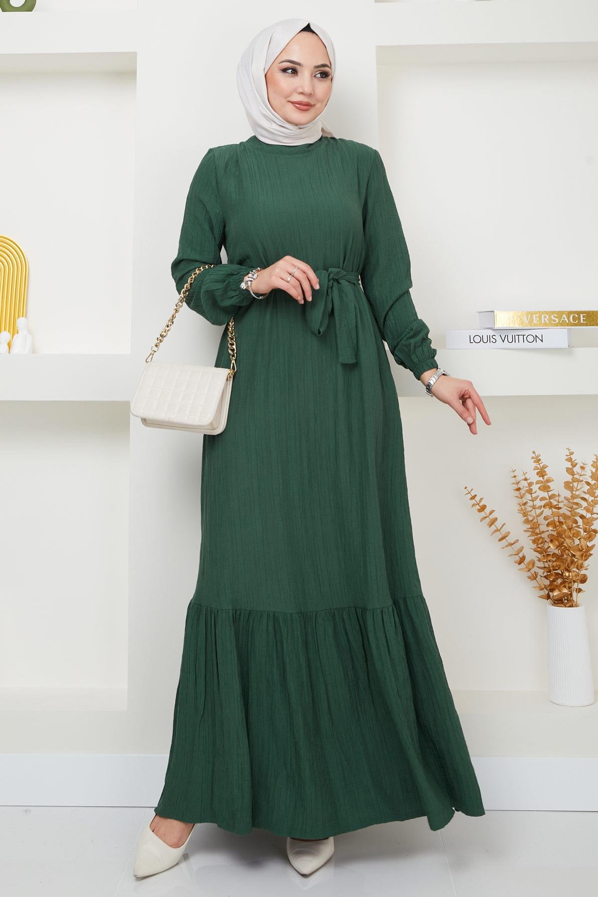 Lara Kuşaklı Elbise Zümrüt HM2371