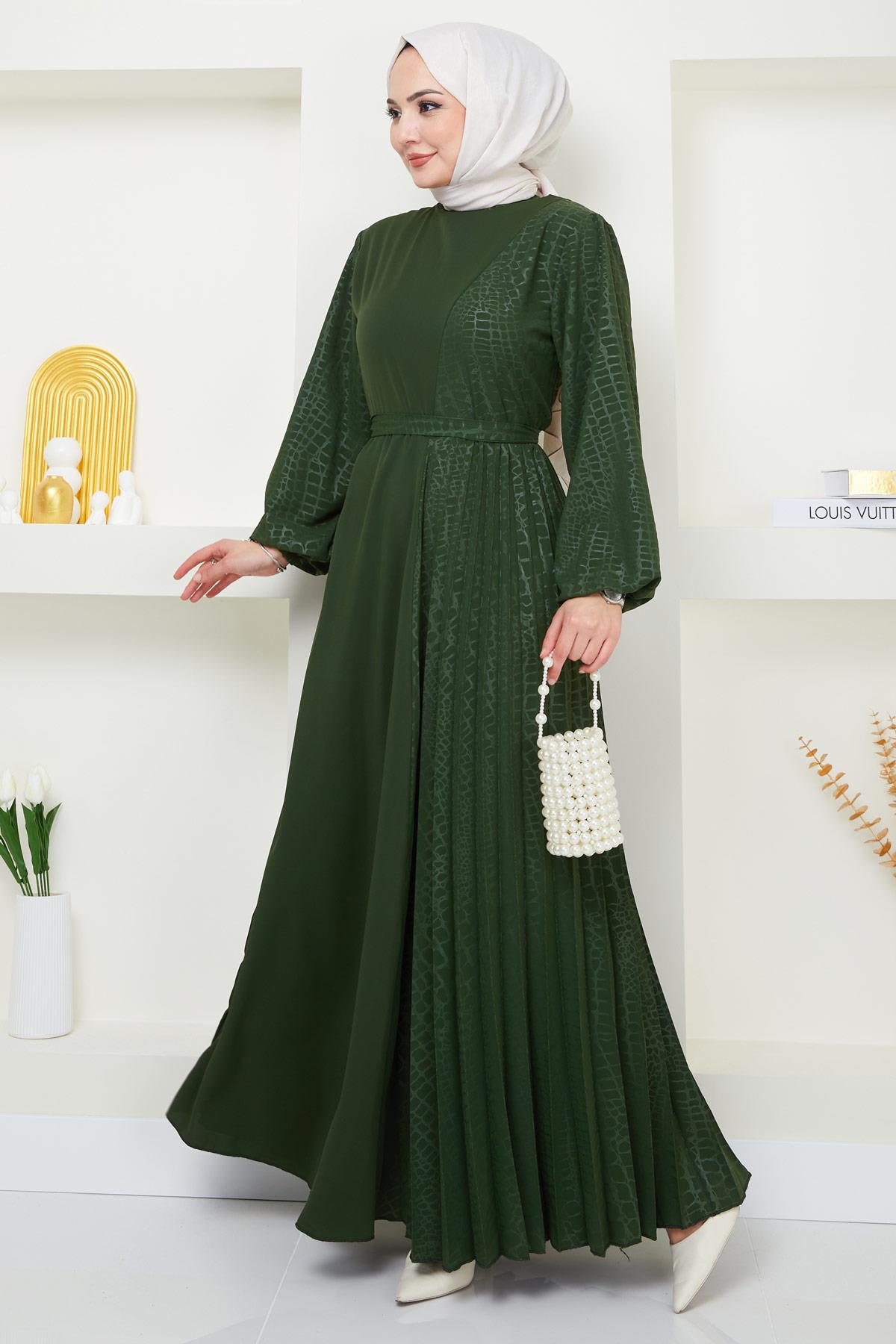 Lazer Baskılı Piliseli Elbise Haki HM2367