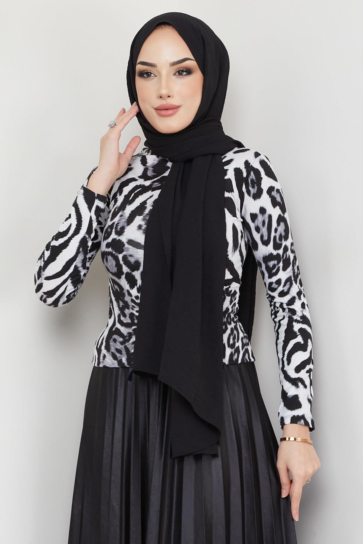 Leopar Desen Balıkçı Yaka Body Beyaz