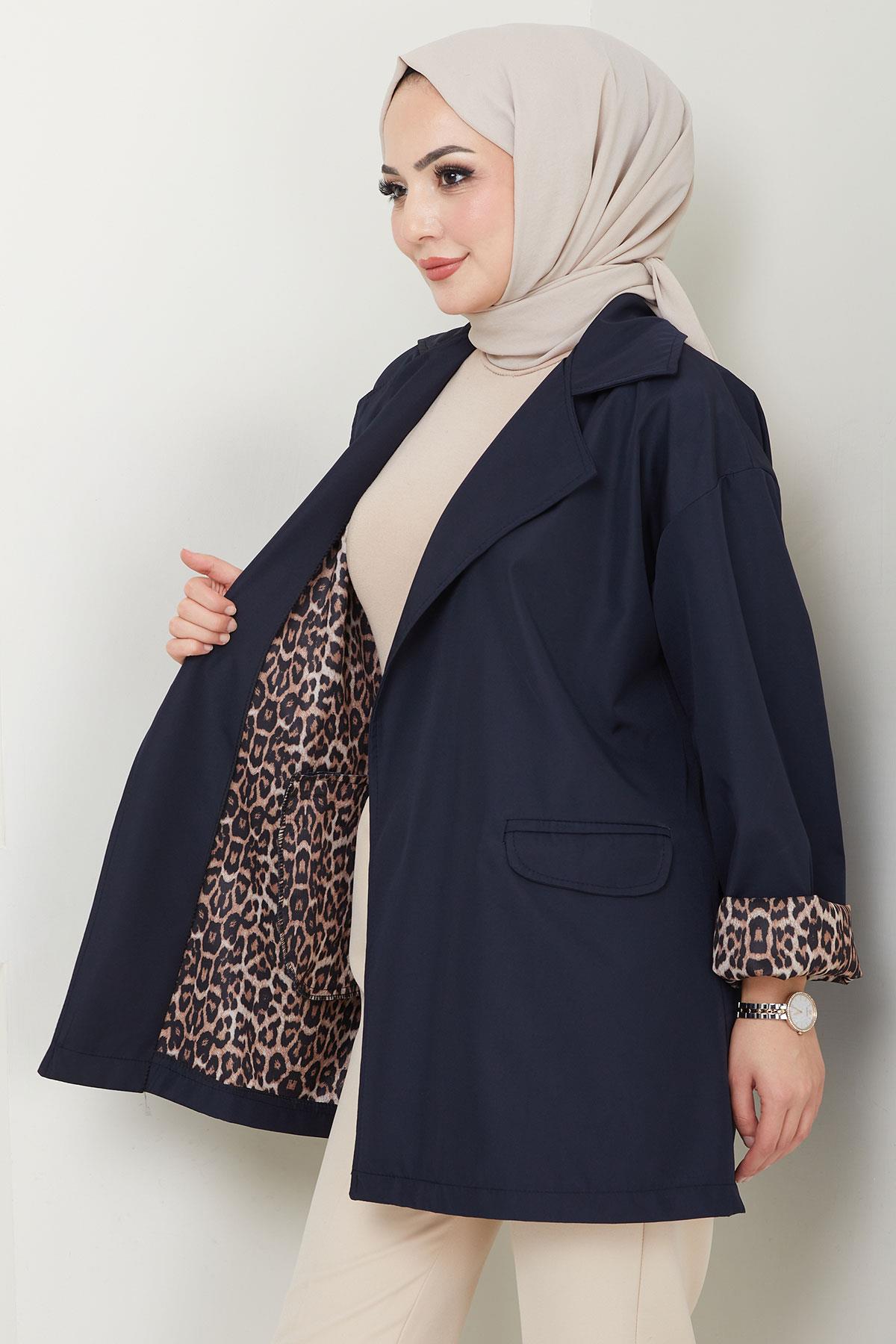Leopar Detaylı Oversize Bondit Ceket Lacivert HM2638