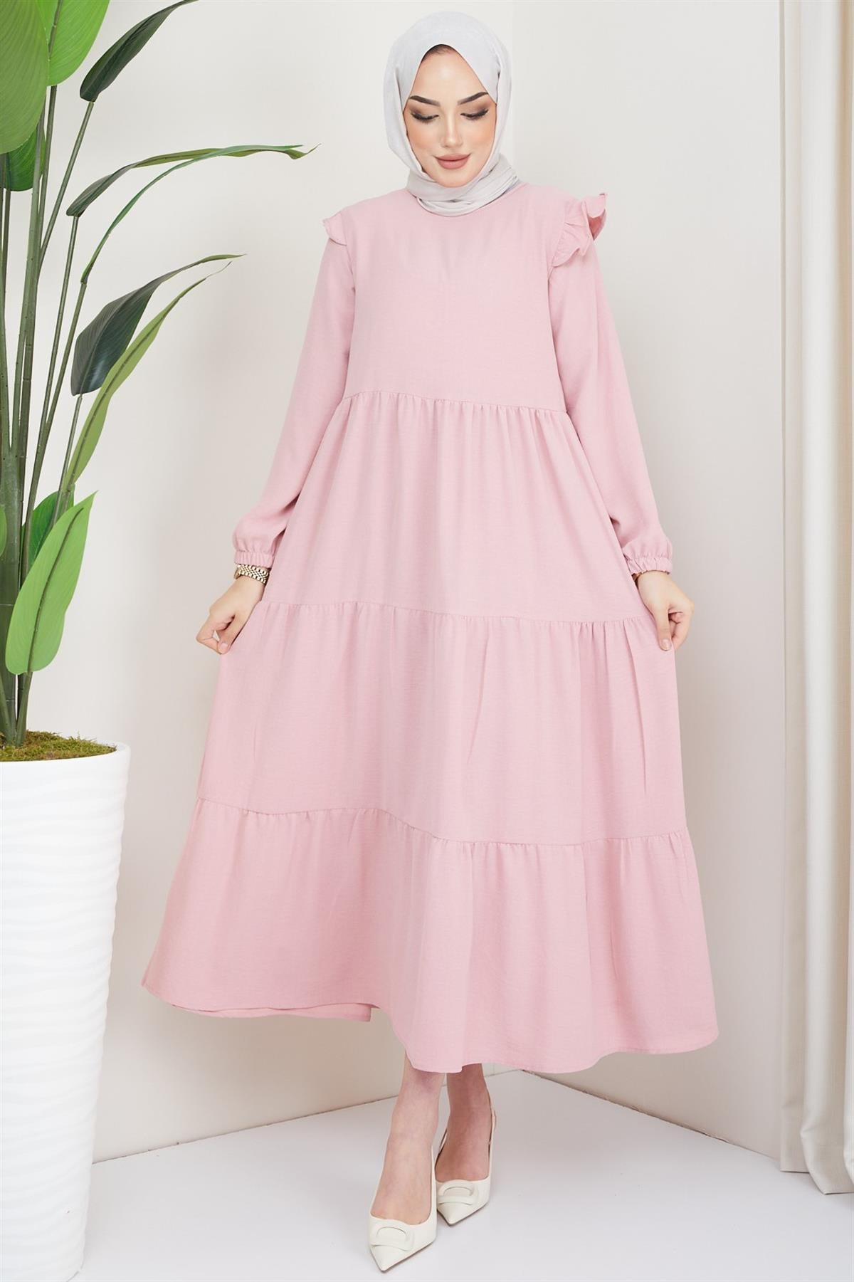 Omuzu Fırfırlı Ayrobin Tesettür Elbise Pembe