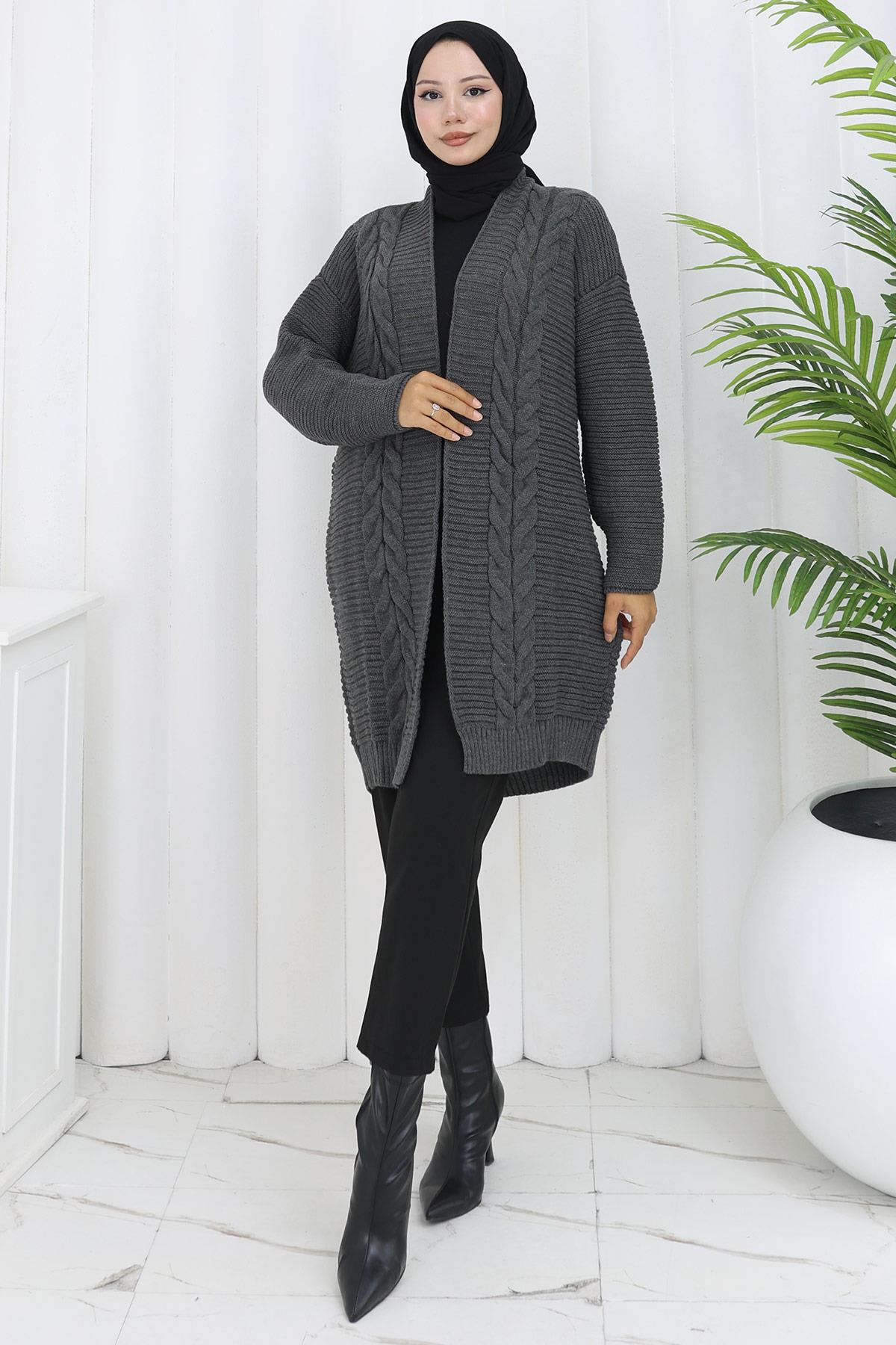 Örgü Desen Araboy Triko Hırka Füme HM2837